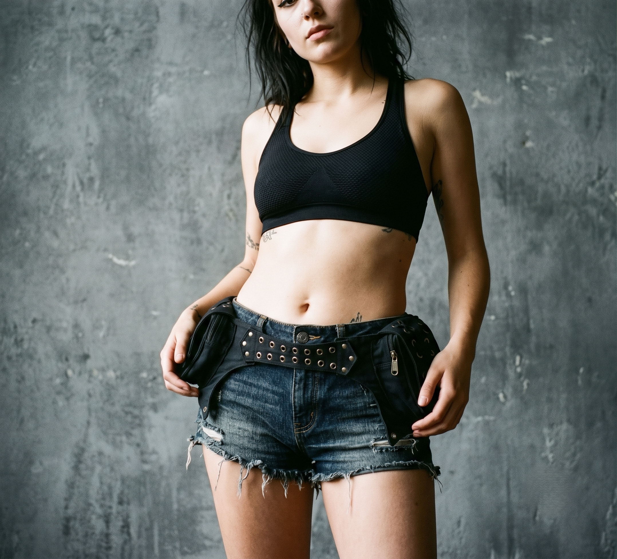 Black cotton waist pouch belt for women and men attending raves and music festivals.