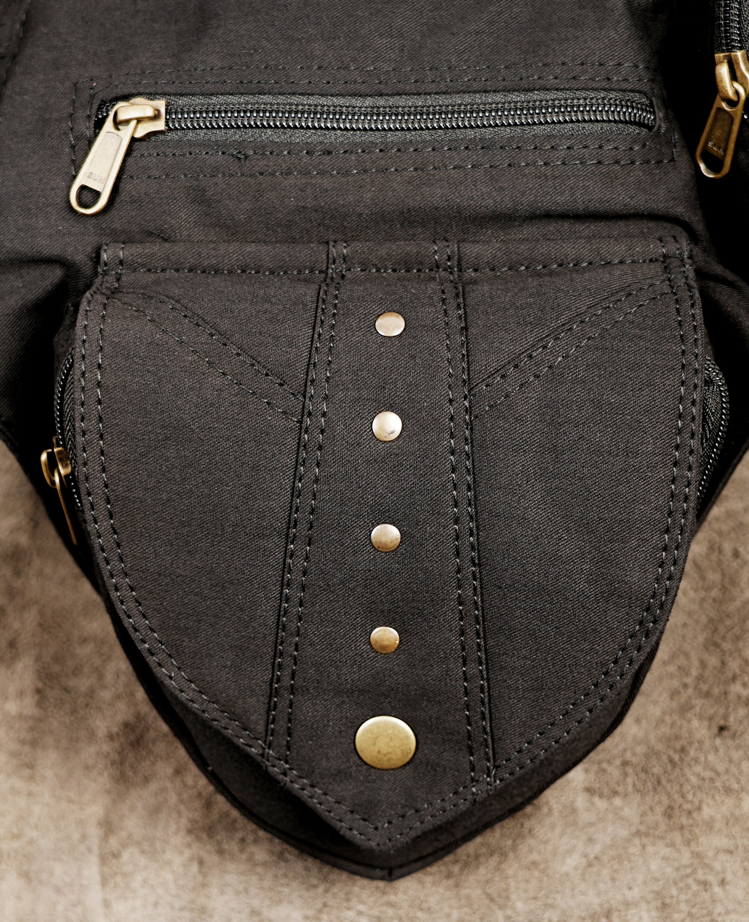 Handmade black cotton waist bag with heart-shaped front pocket
