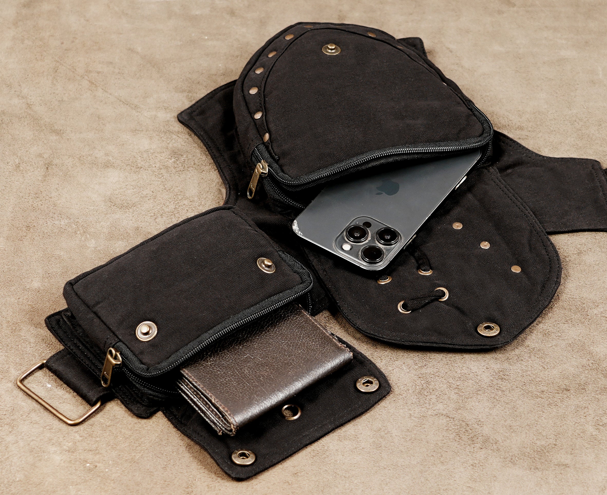 Handmade cotton utility waist bag with zipper pockets