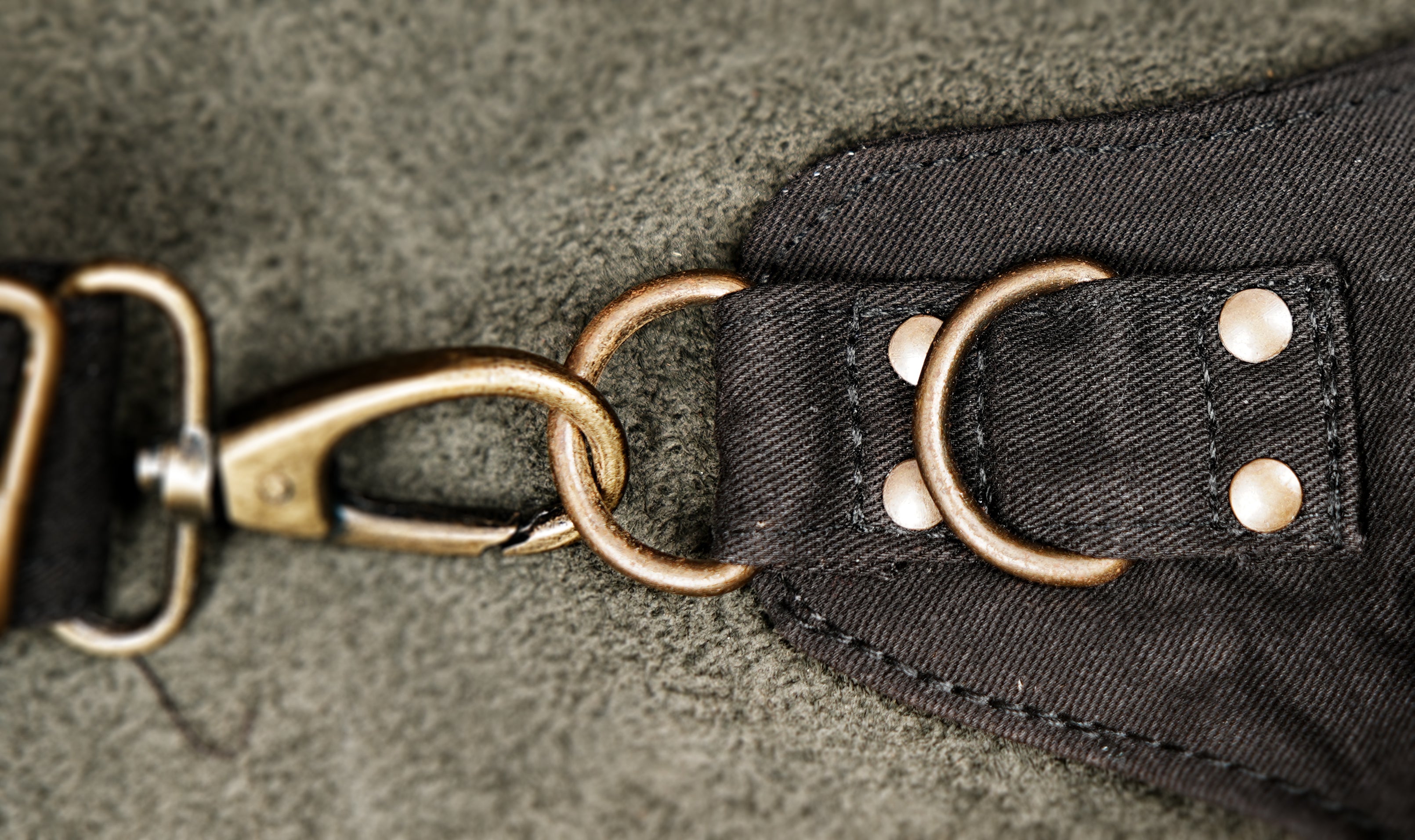 Black cotton waist belt bag with antique brass D-rings and adjustable strap