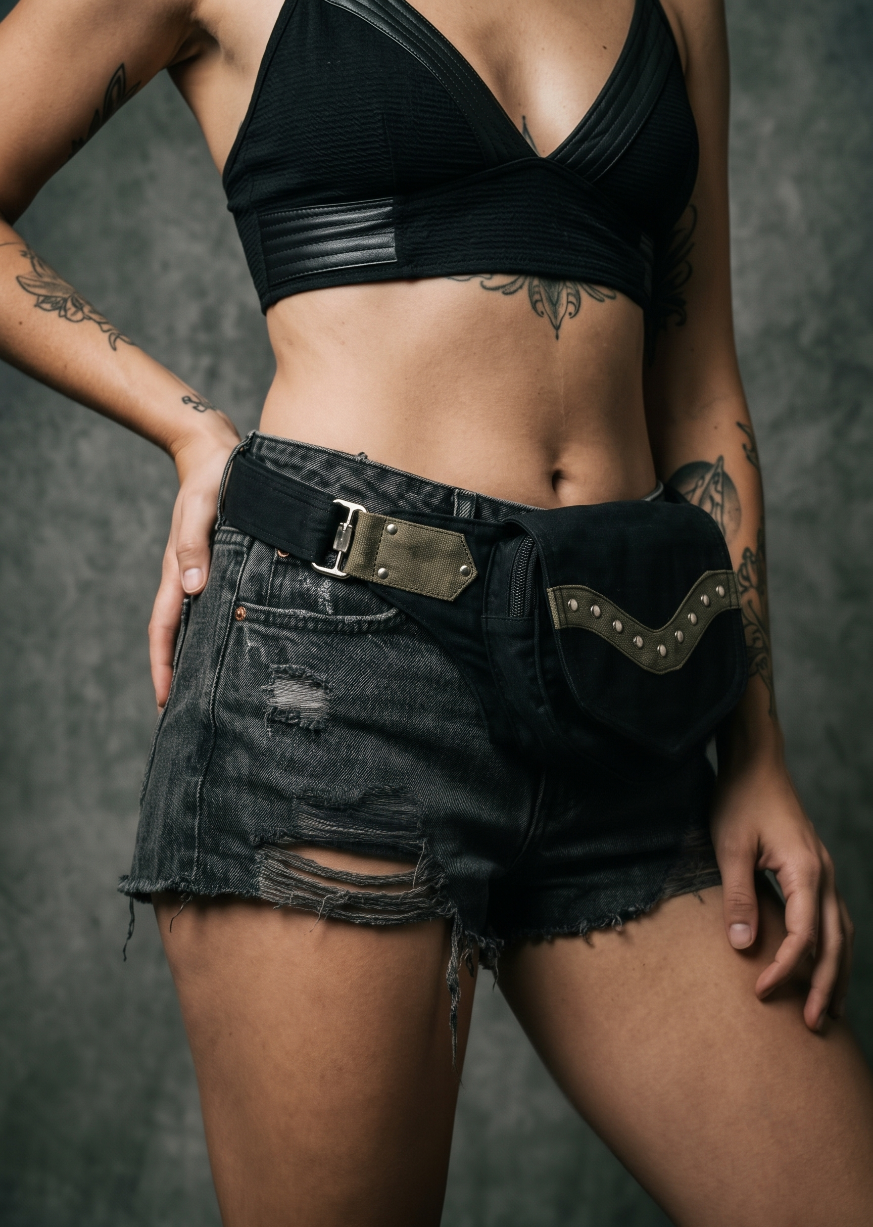 Cotton hiking waist pack in black with olive green riveted tabs