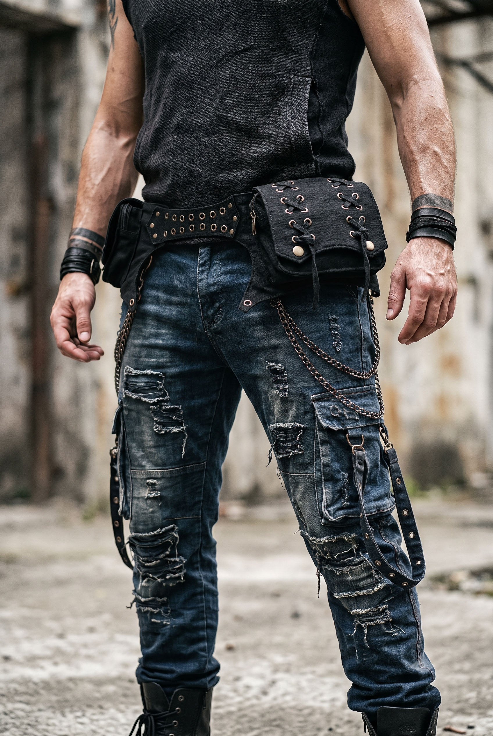 Handmade black cotton pocket belt with eyelet strap and snap closures