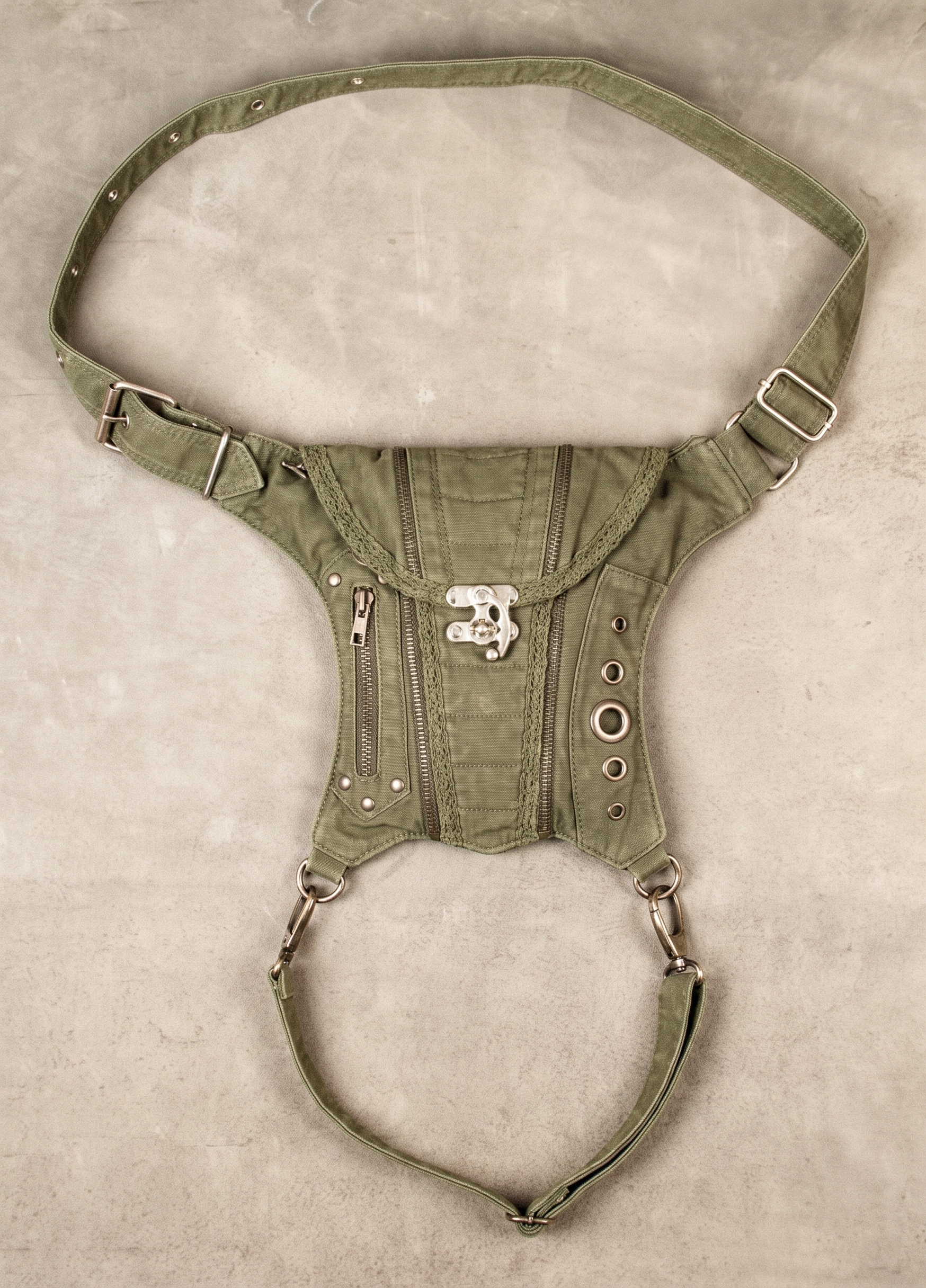 Black utility waist belt bag with leg holster strap and silver hardware