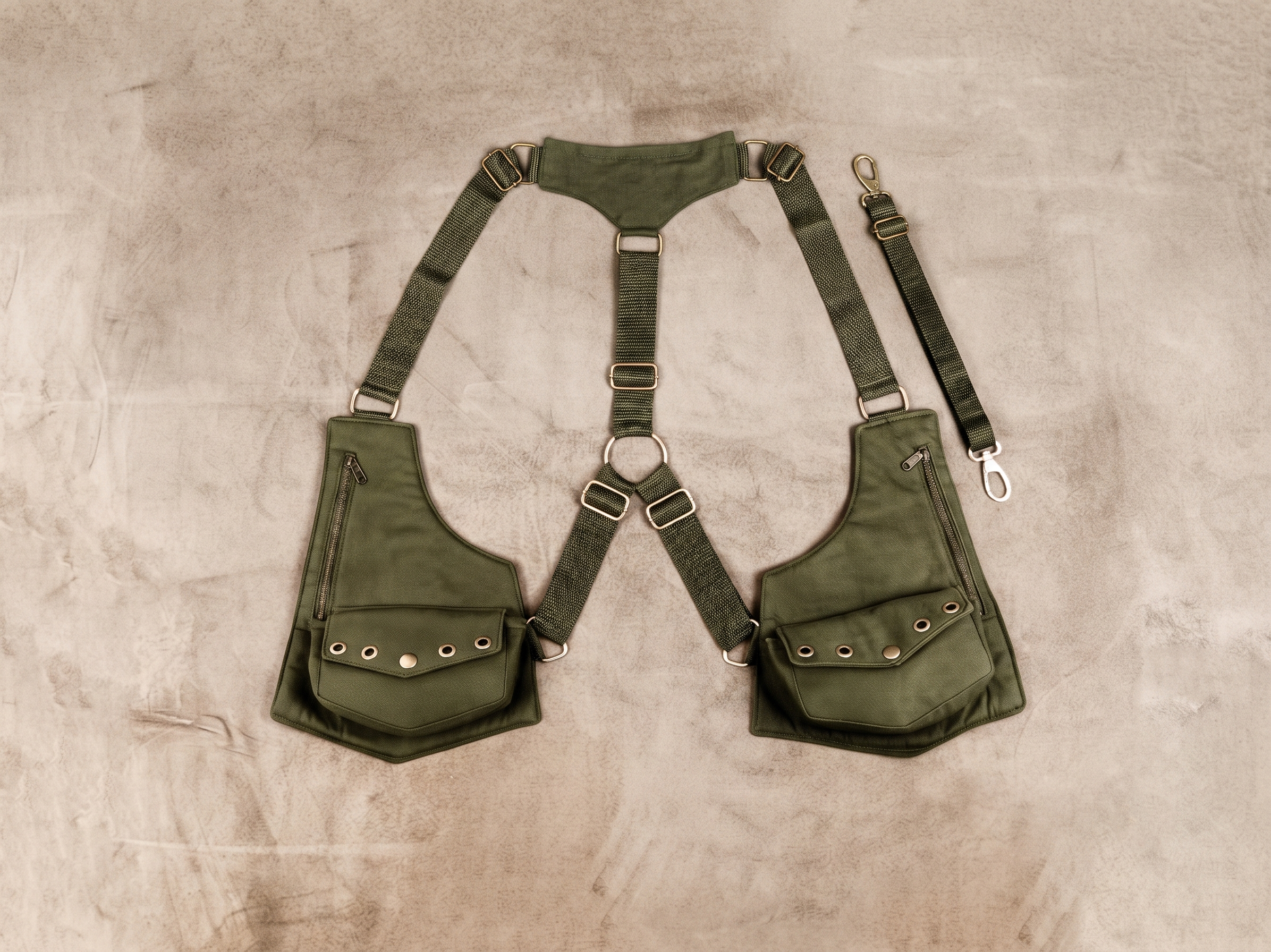 Adjustable cotton shoulder holster belt with snap button pocket flaps