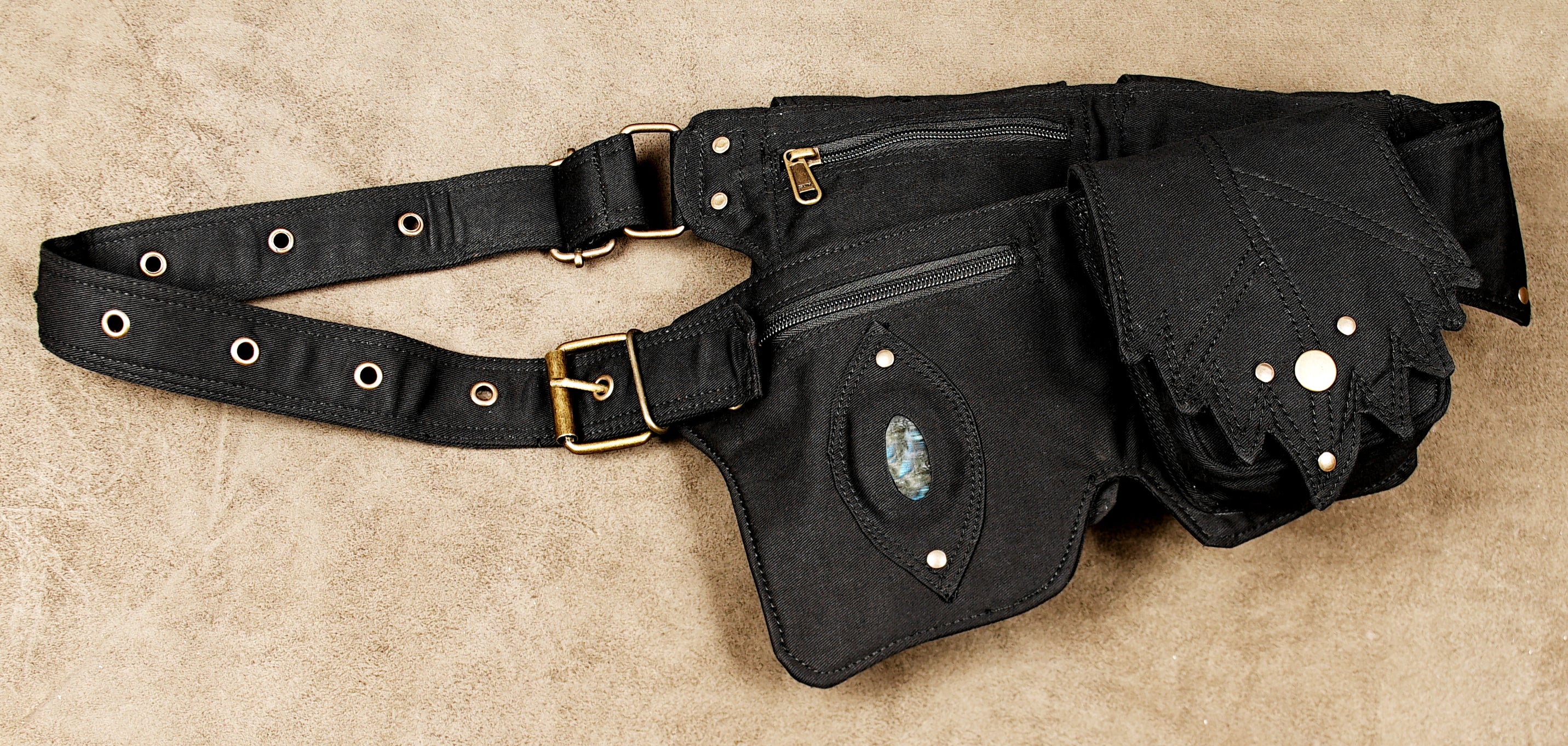 Black cotton bum bag belt with multiple compartments and brass buckle