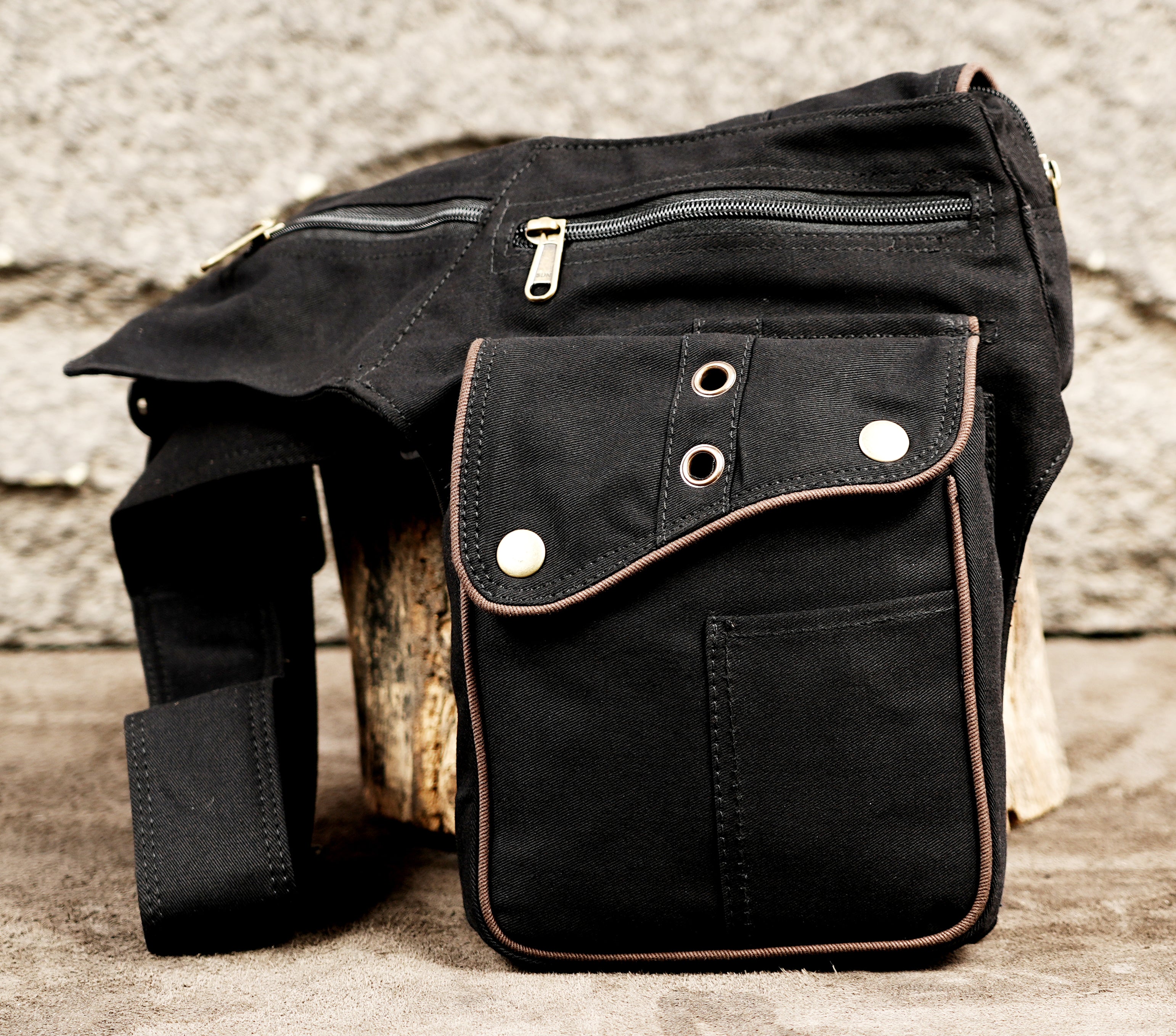 Cotton hip bag with snap flap pocket and brown piping trim