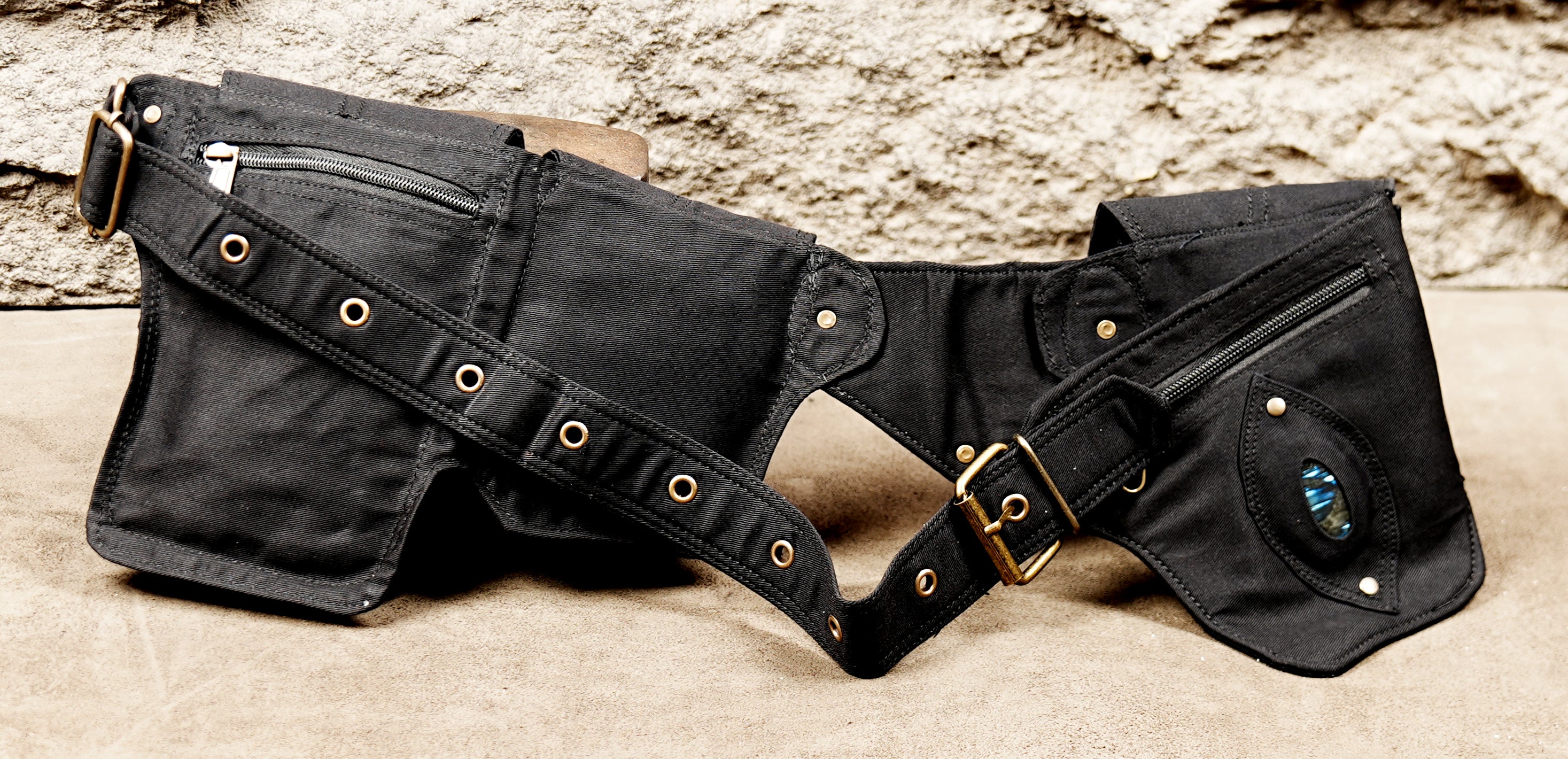 Black cotton cargo waist belt with four snap pockets and zip pouch