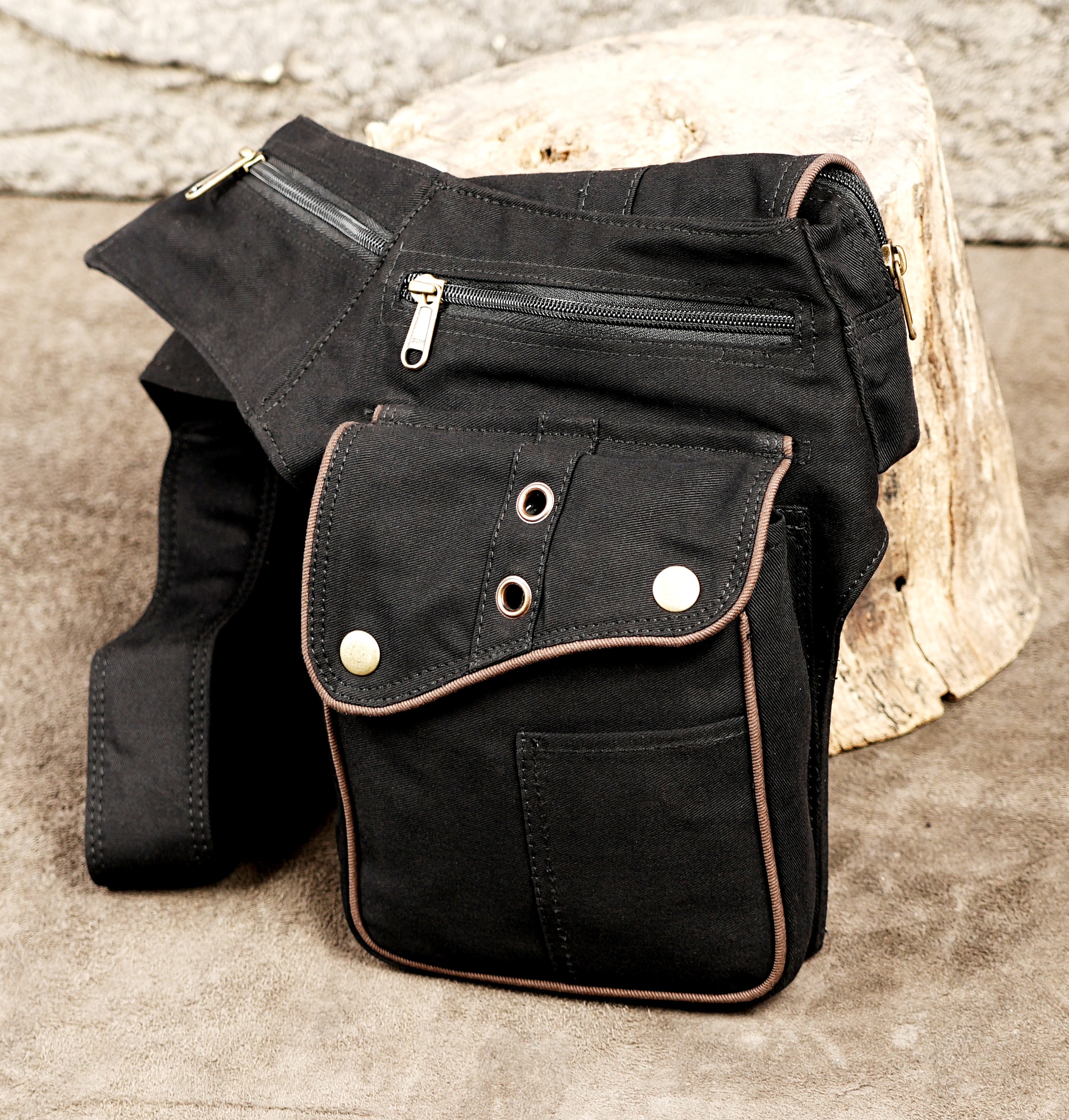 Cotton travel waist pouch with zip pockets and snap closure pouch