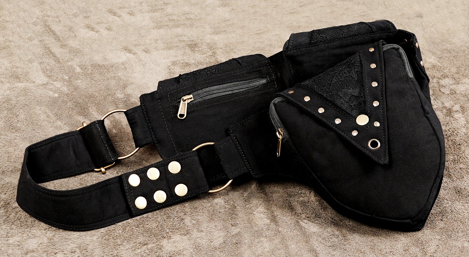 Gothic black cotton waist pouch belt with metal stud detailing