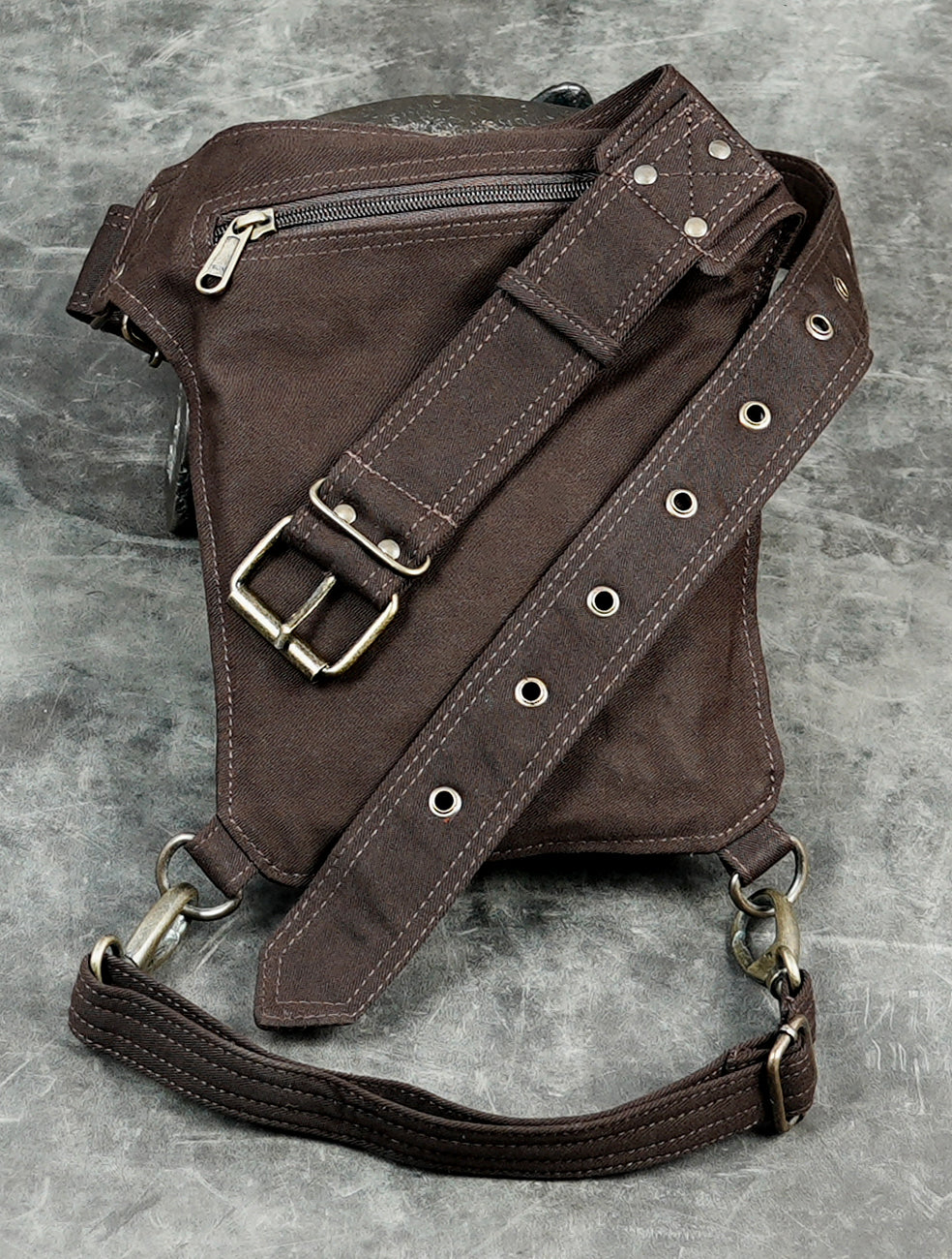 Brown cotton thigh bag with front zipper storage