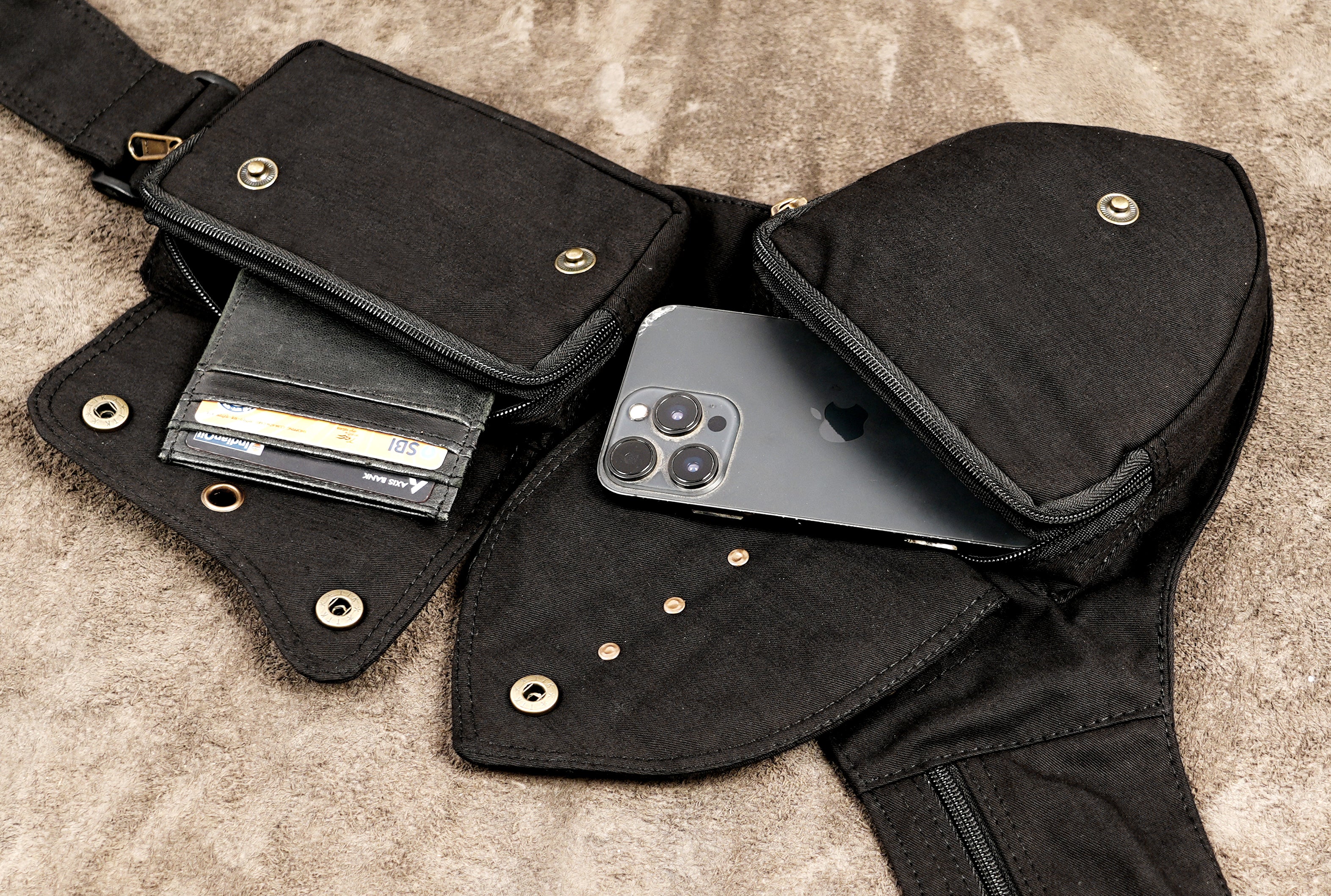 Hippie black cotton hip pouch with multiple secure pockets