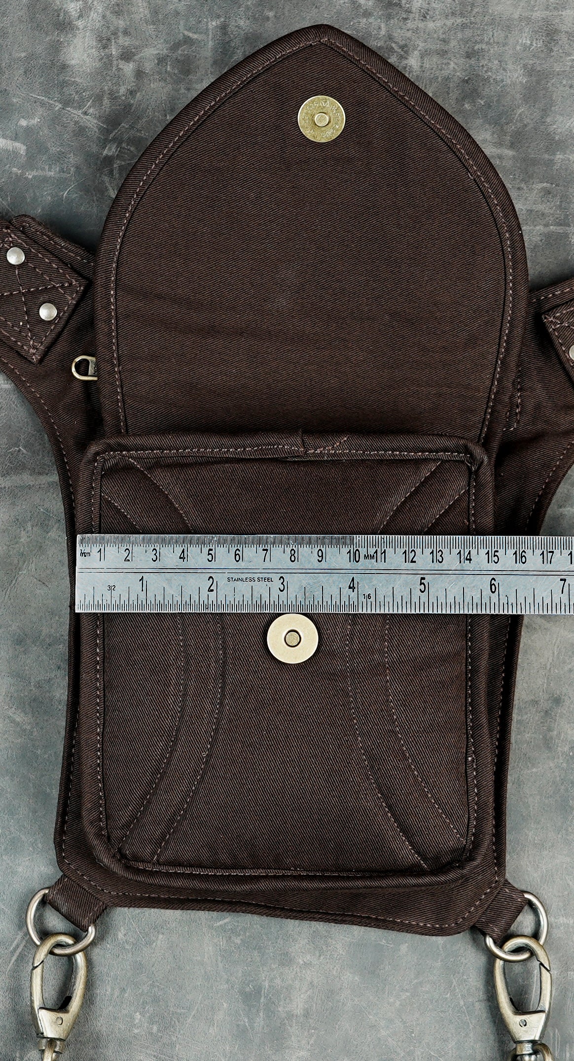 Brown cotton waist pouch with decorative lace heart flap