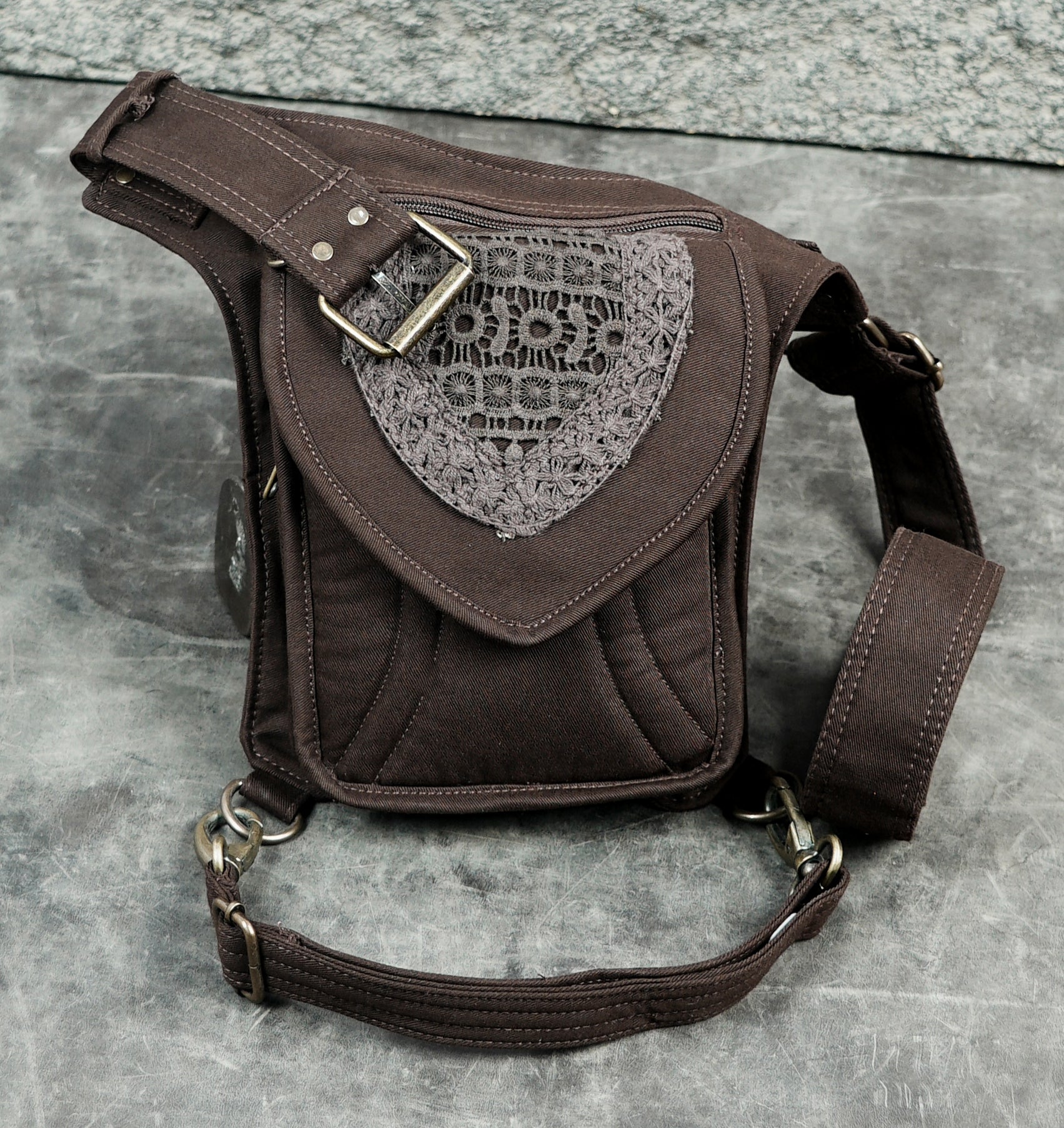 Brown cotton utility belt bag with adjustable straps