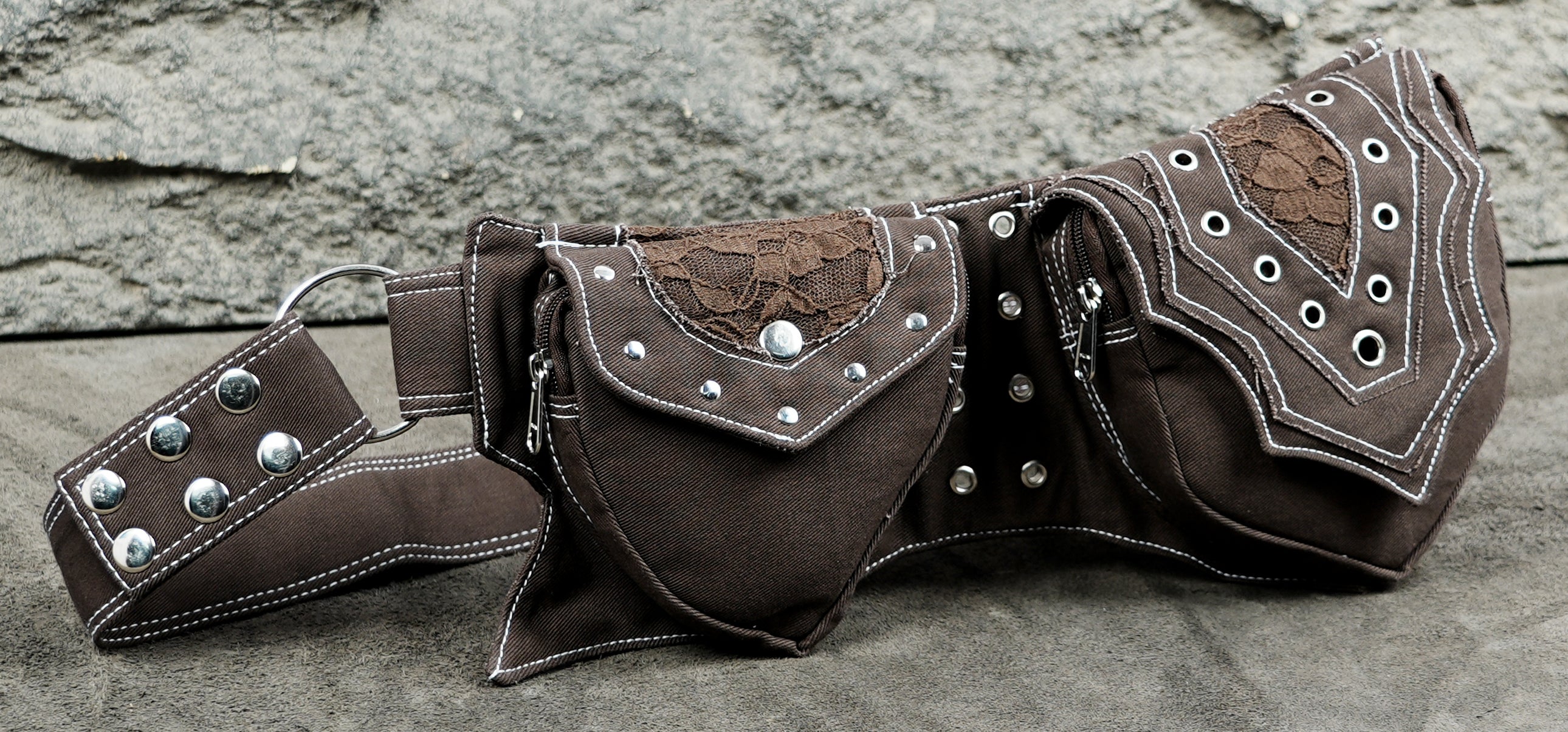 Brown cotton pixie hip belt with pointed pocket flaps