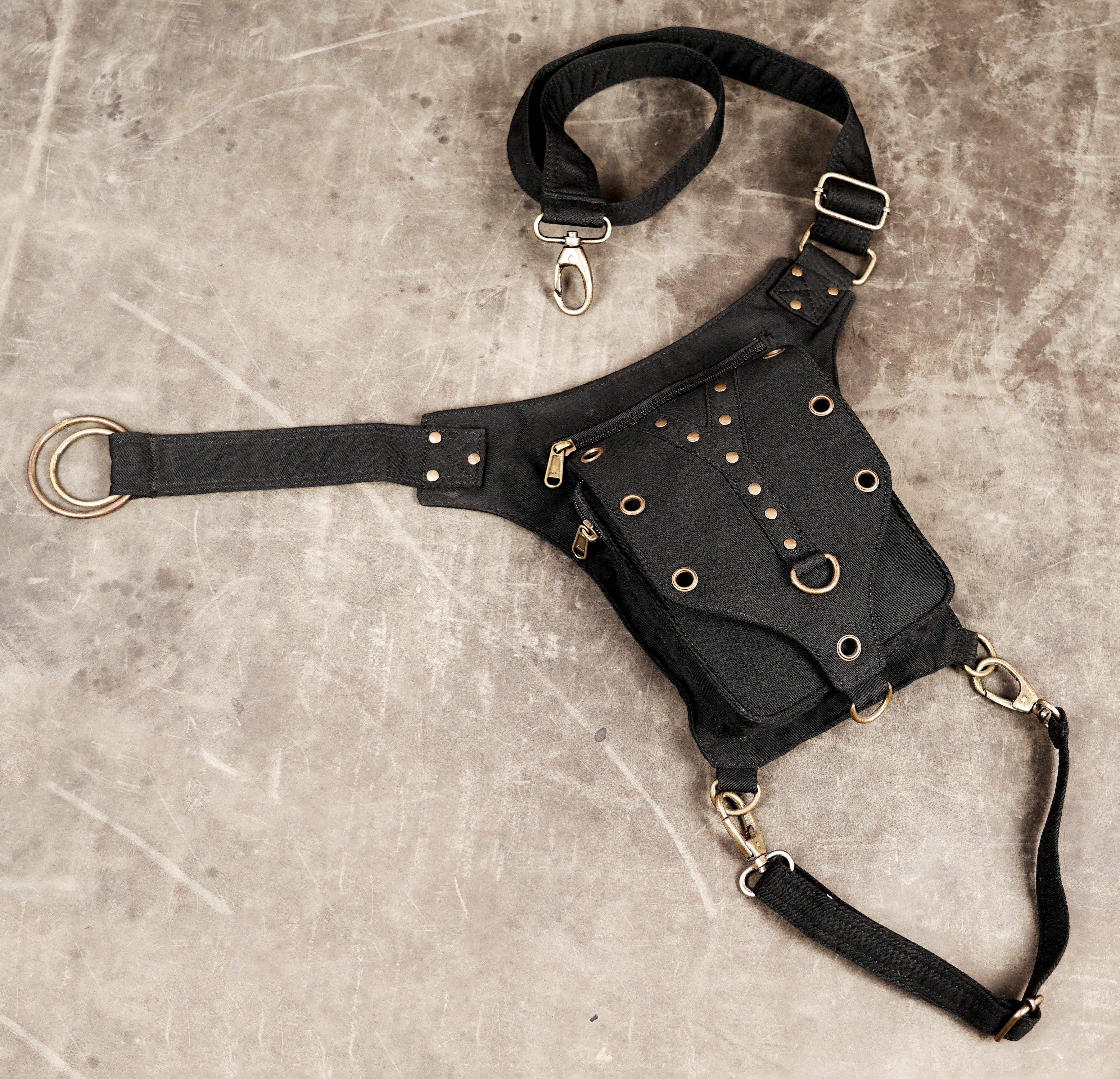 Unisex black cotton waist thigh belt bag for hands-free carrying