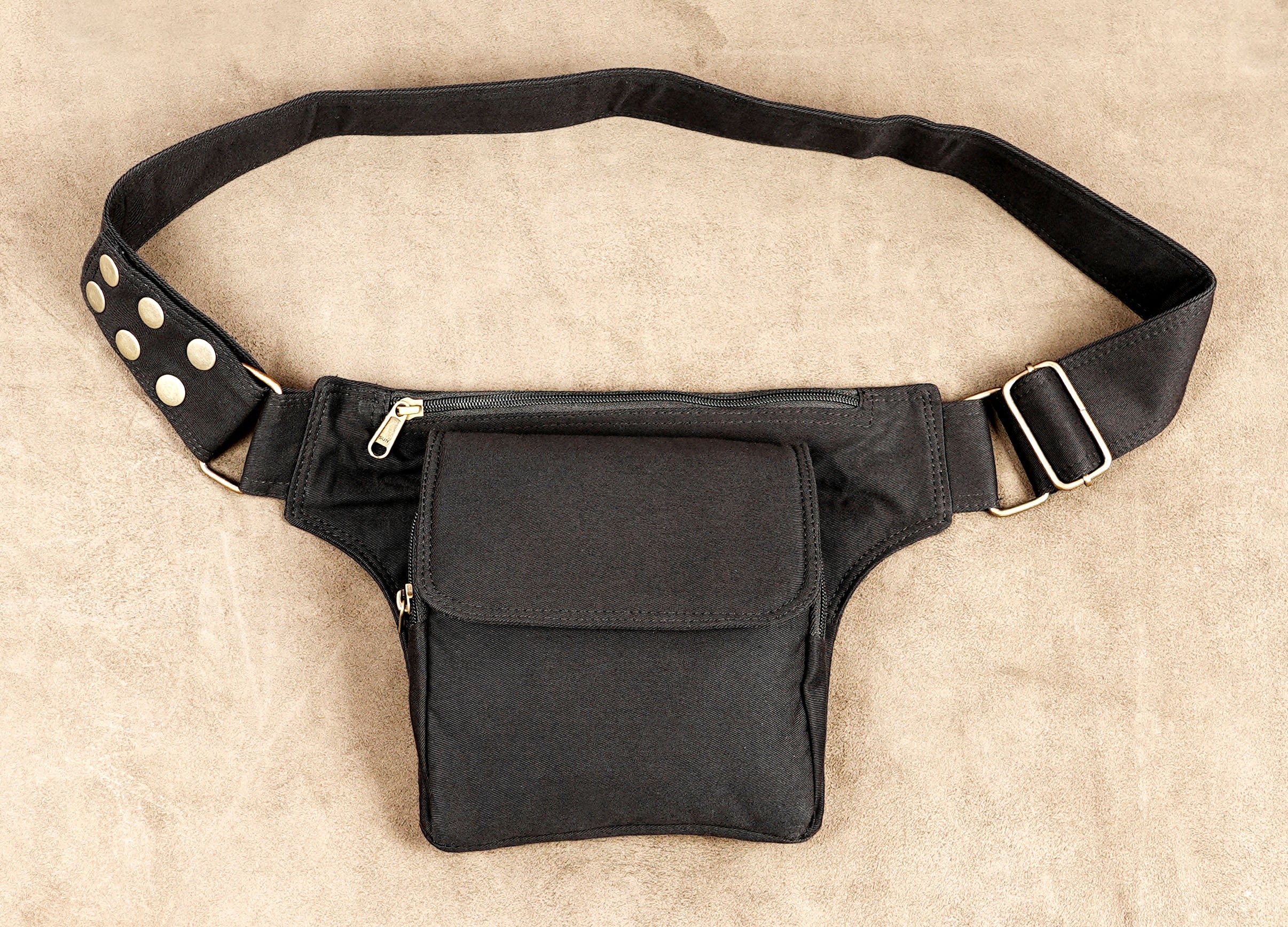 Black canvas belt bag with hidden zipper pocket for phone and wallet