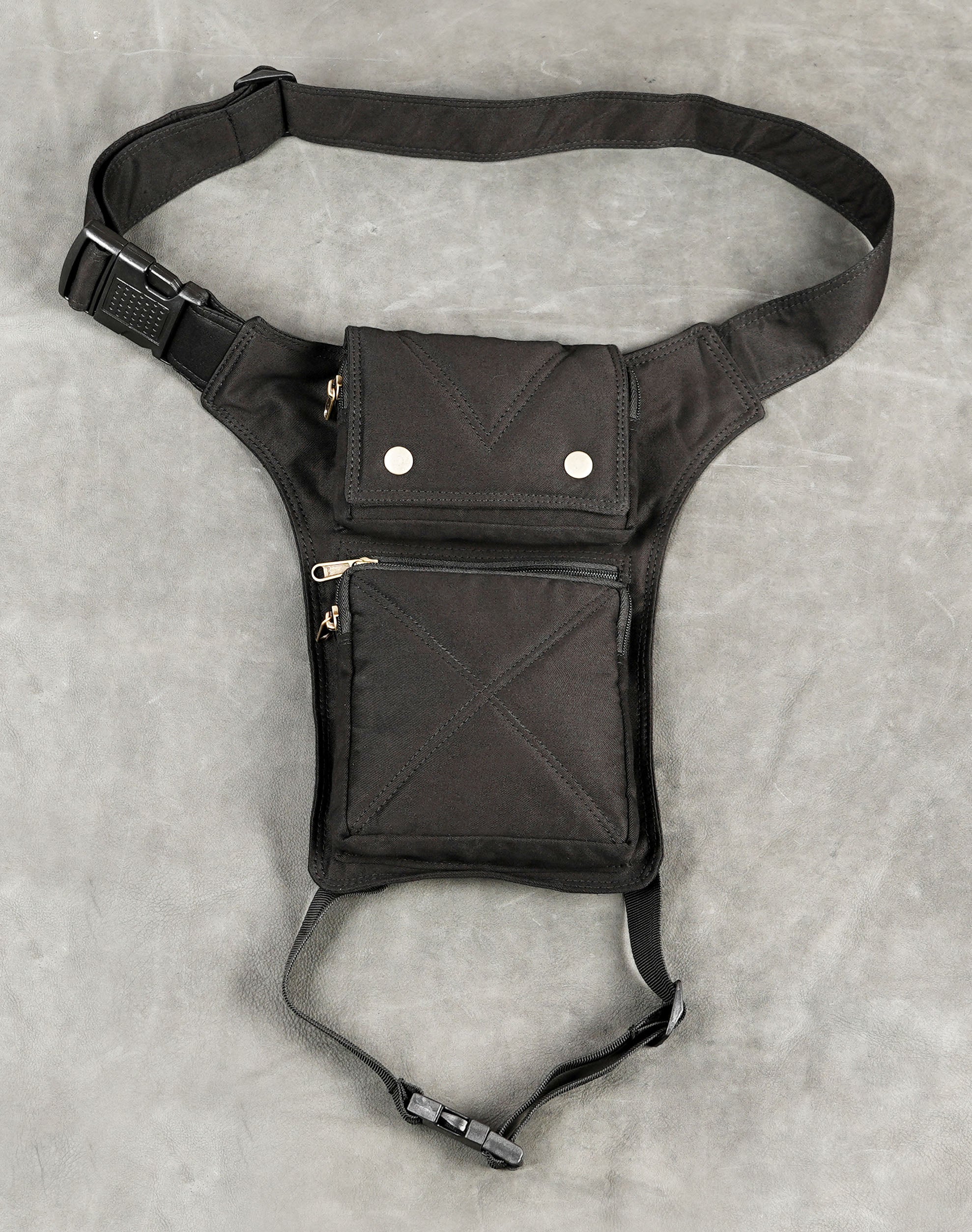 Black cotton hip belt bag with detachable-style leg strap