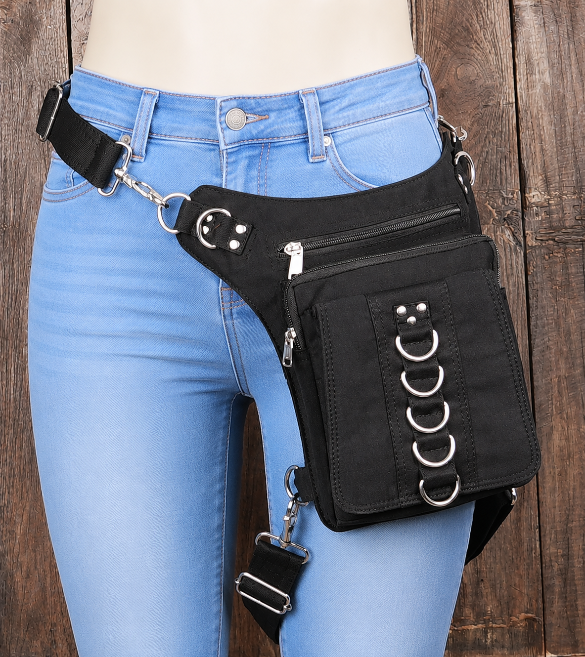 Black thigh support belt bag with utility organizer pockets