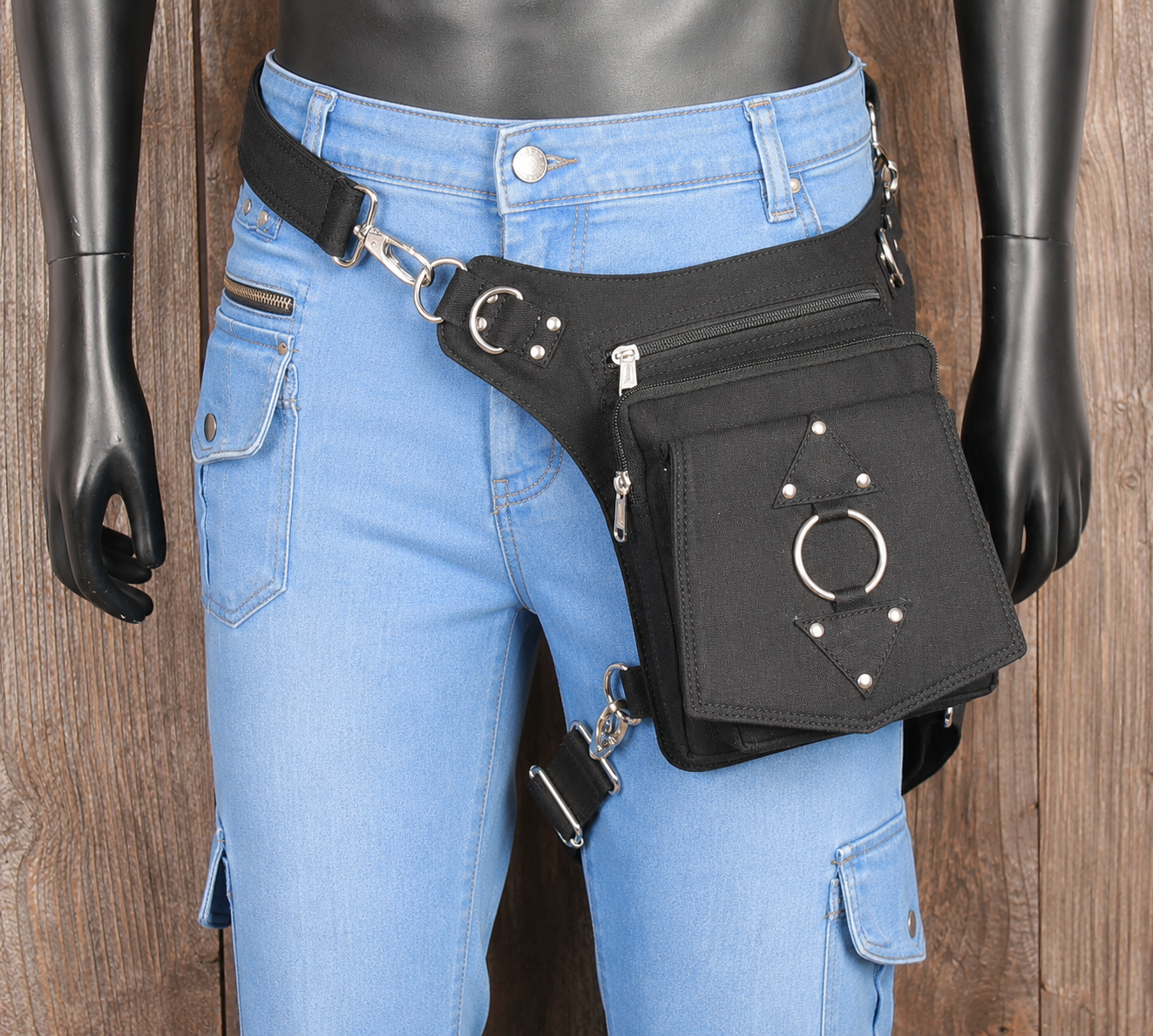 Black cotton festival waist bag with thigh support and organizer pockets