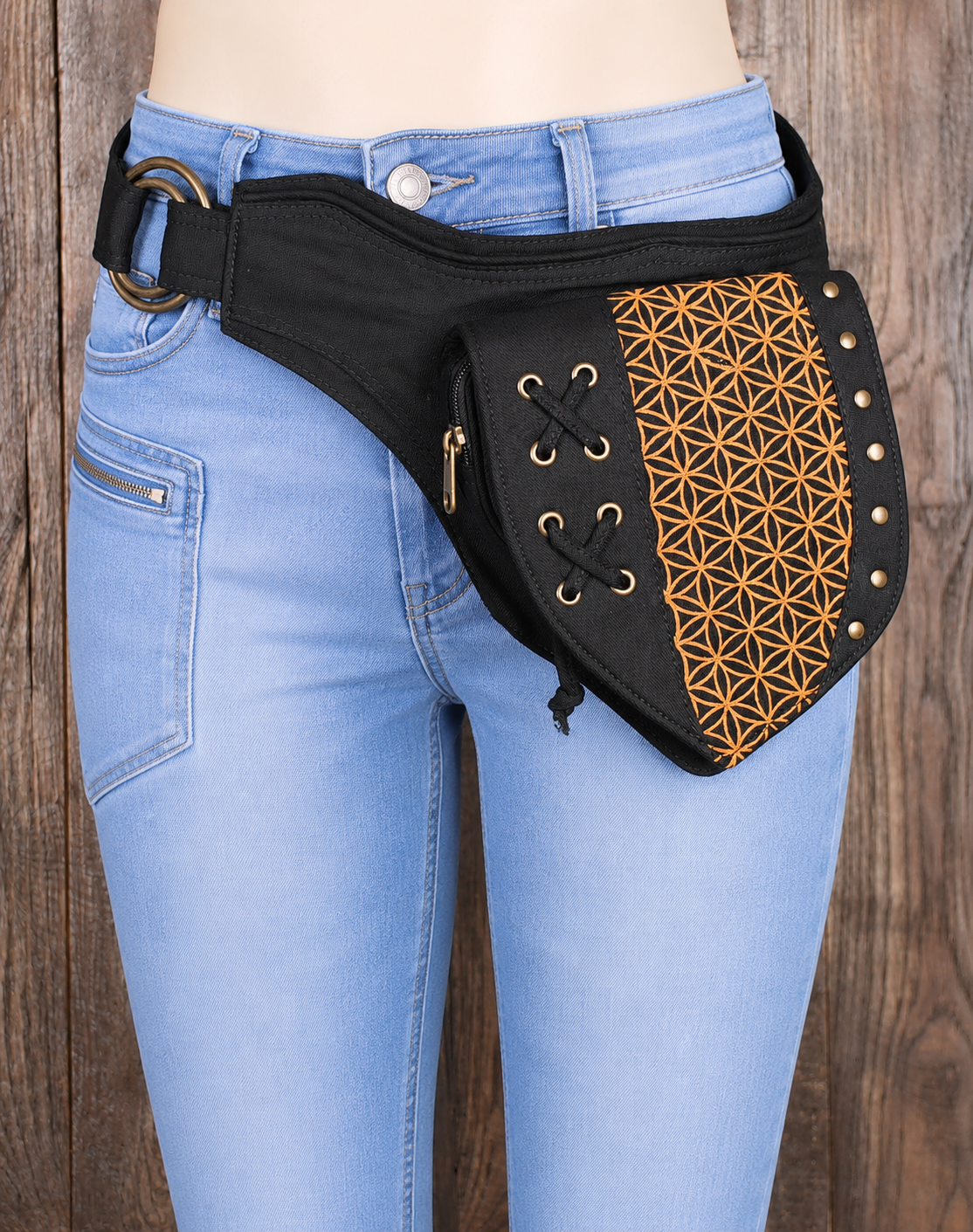 Black Cotton Waist Pack for Travel Festivals Hiking and Daily Carry