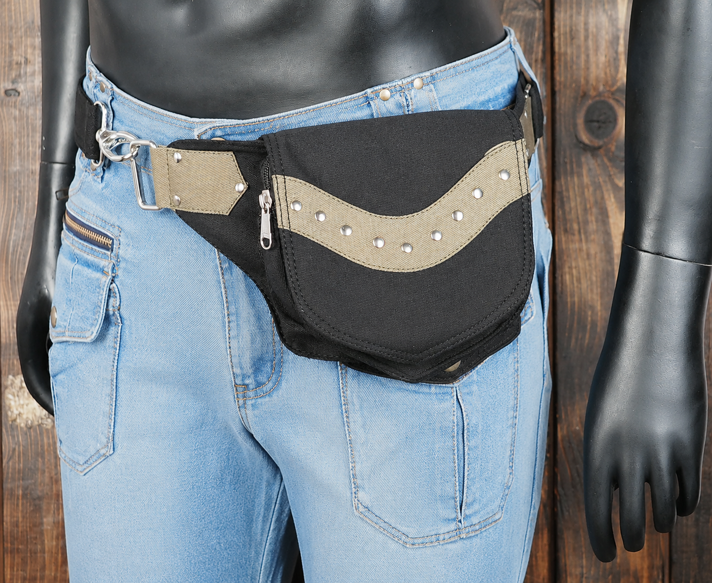 Festival waist pouch with silver hardware and secure closure pocket