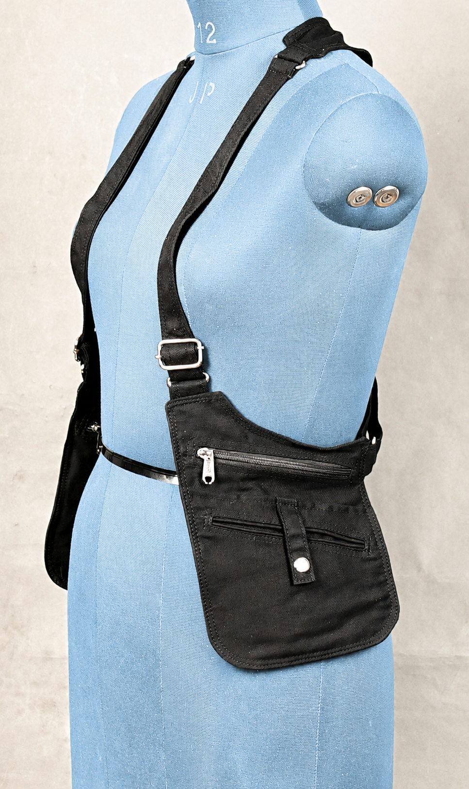 Artisan cotton harness pouch with zipper and snap details