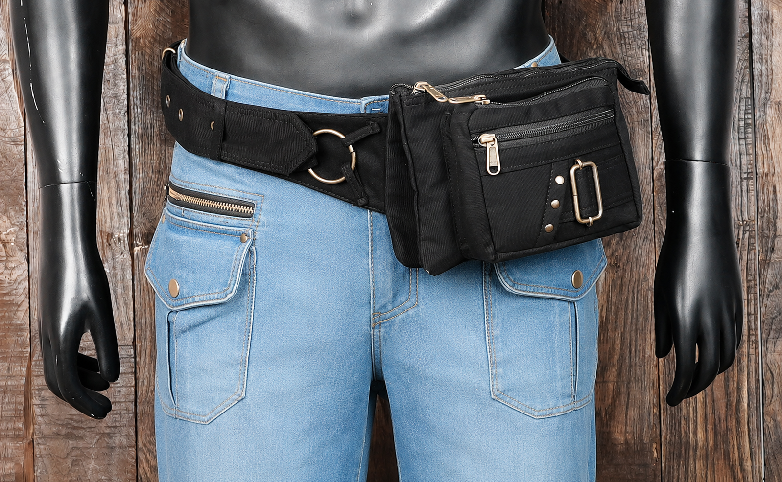 Cotton utility hip pack with zipper compartments and sturdy belt