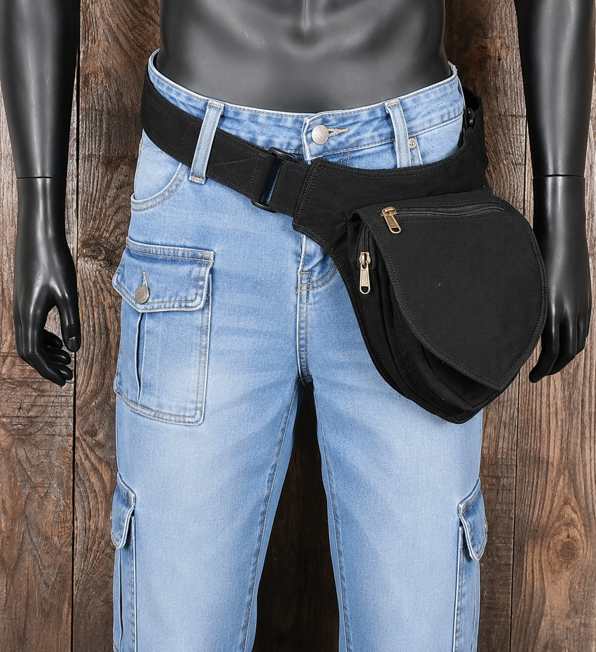 Handmade Black Cotton Belt Bag, Festival Hip Pouch, Adjustable Utility Waist Pack, Travel Fanny Pack