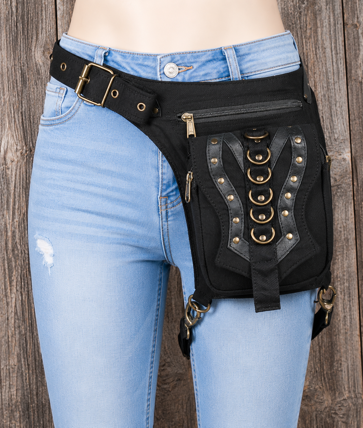 Black utility thigh bag with secure storage compartments and belt strap