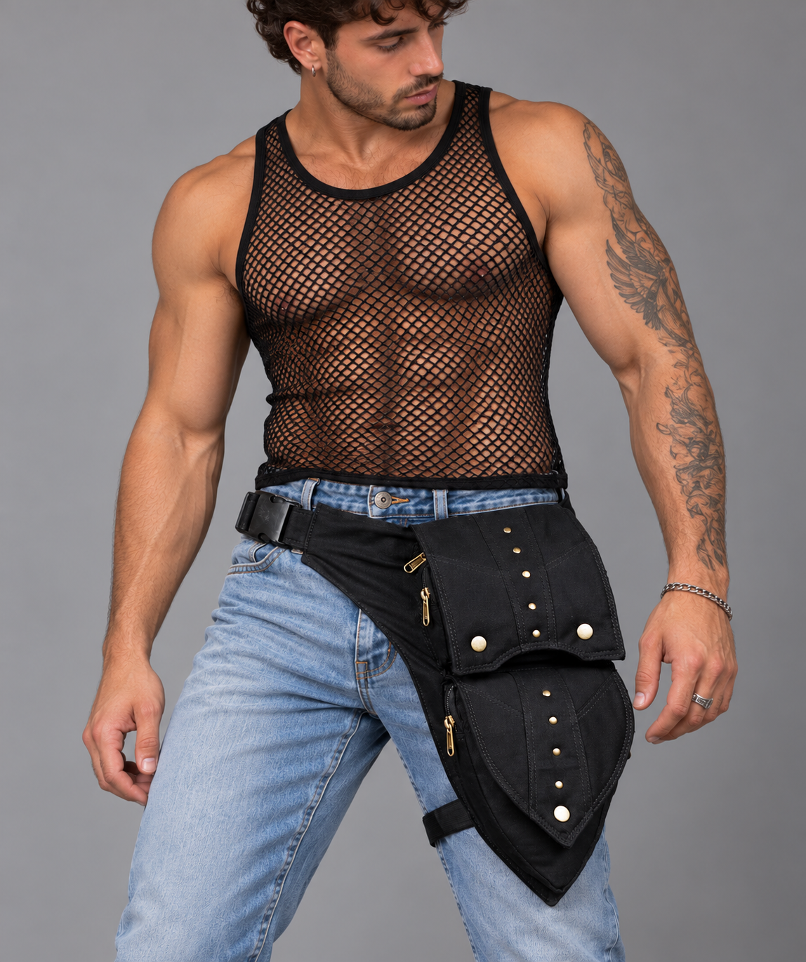 Studded black fanny pack with leg strap for men and women