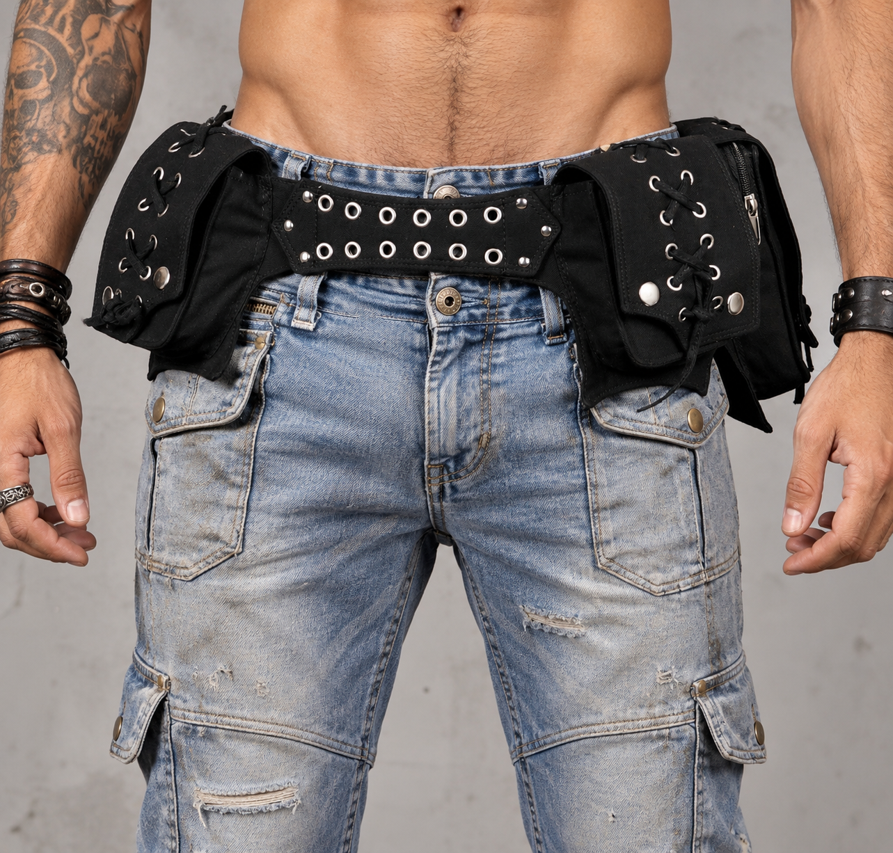 Punk style black cotton waist belt with studded and eyelet detailing