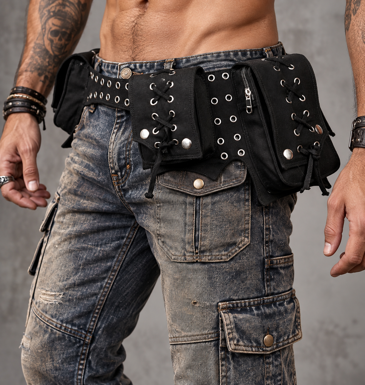 Gothic festival belt bag with silver rivets, eyelets, and lace-up pockets