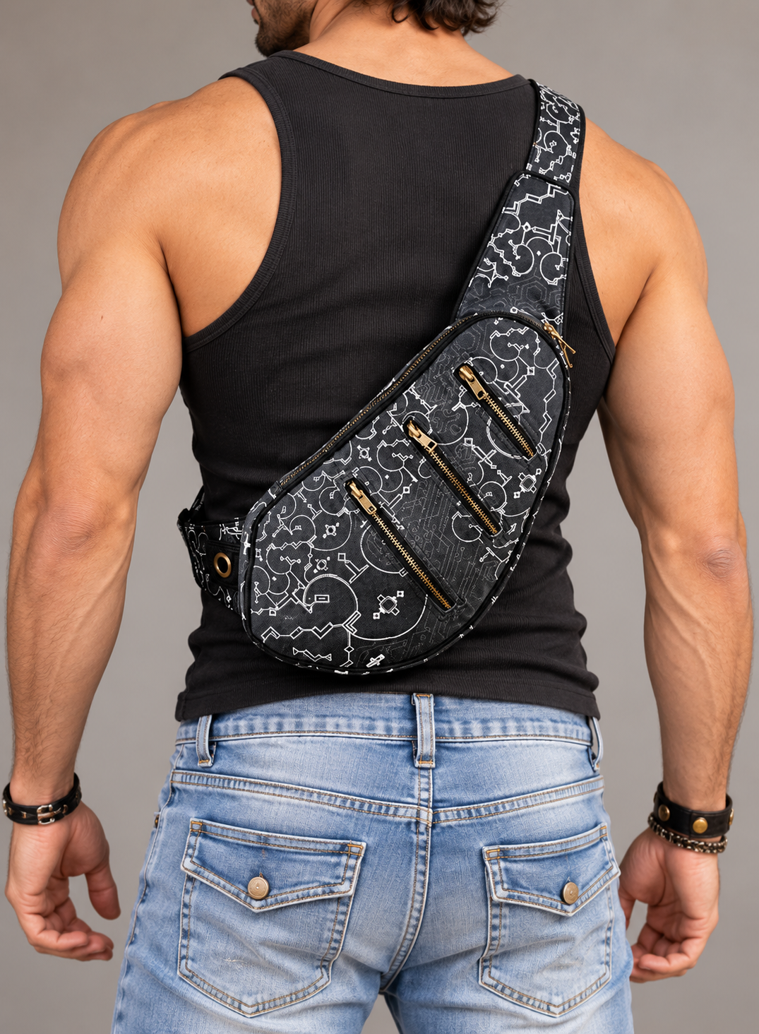 Full length view of black sling bag with long adjustable strap