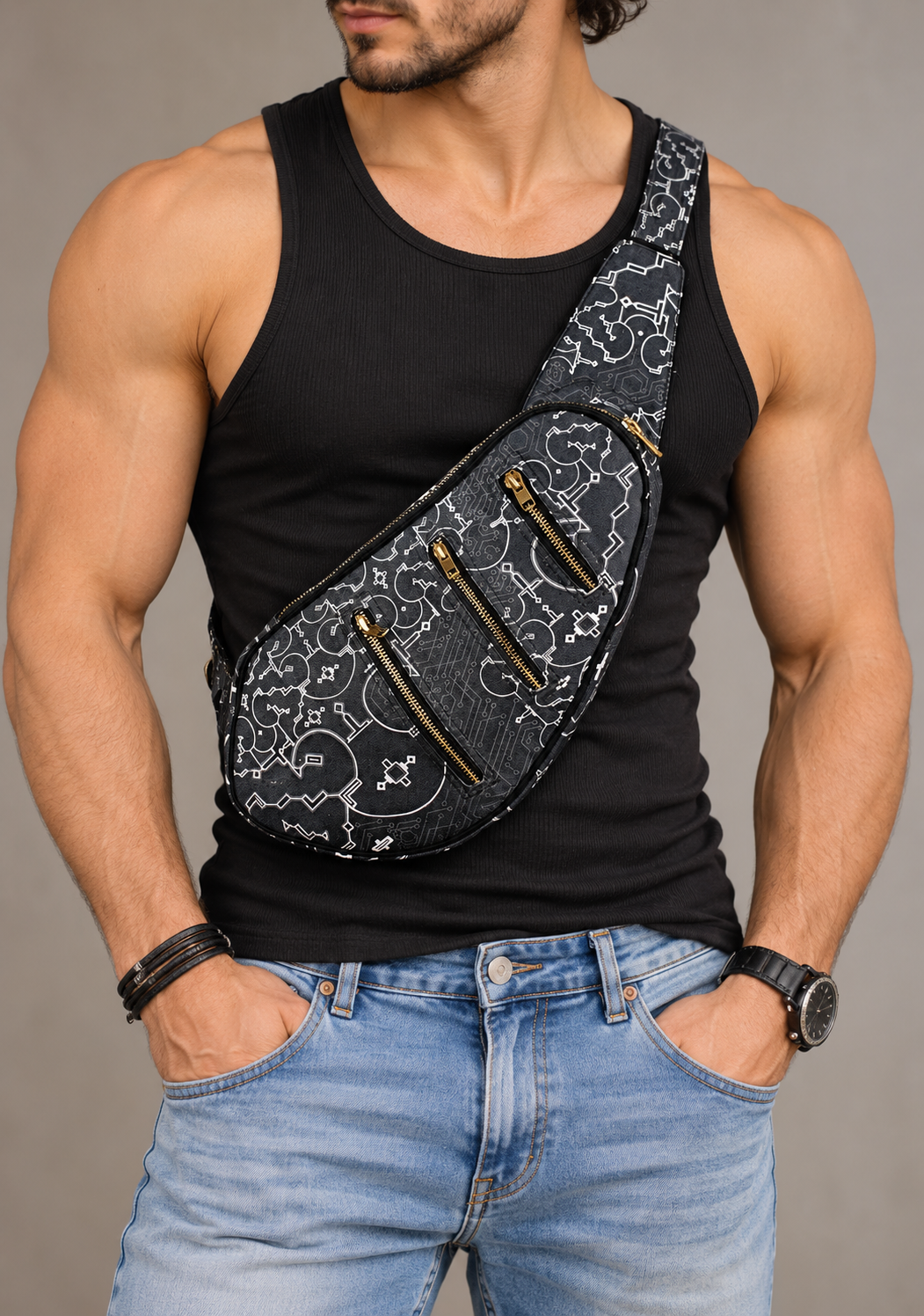 Unisex chest bag with sci-fi circuit print and secure zip pockets