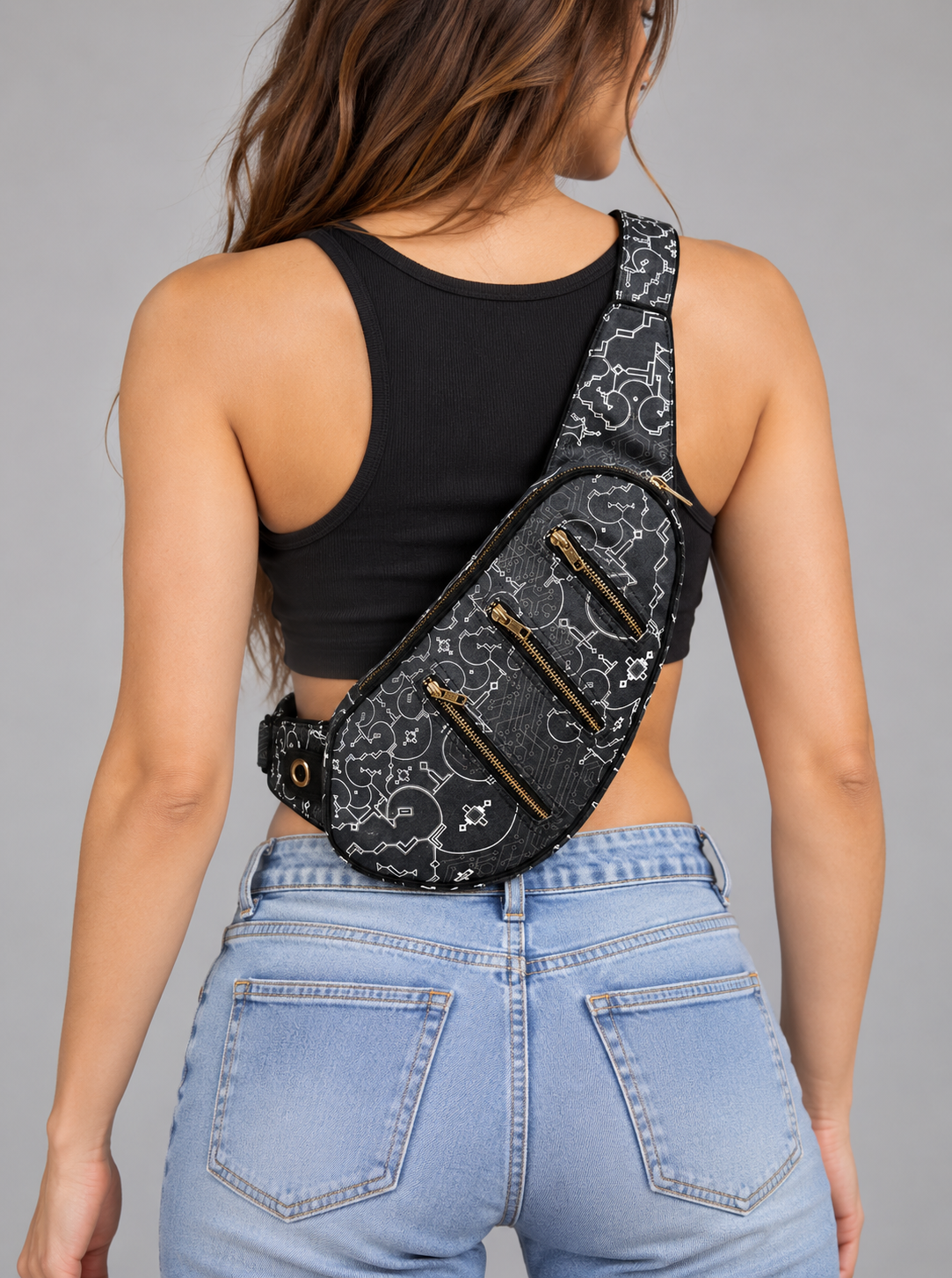 Crossbody chest bag with circuit pattern and adjustable black strap