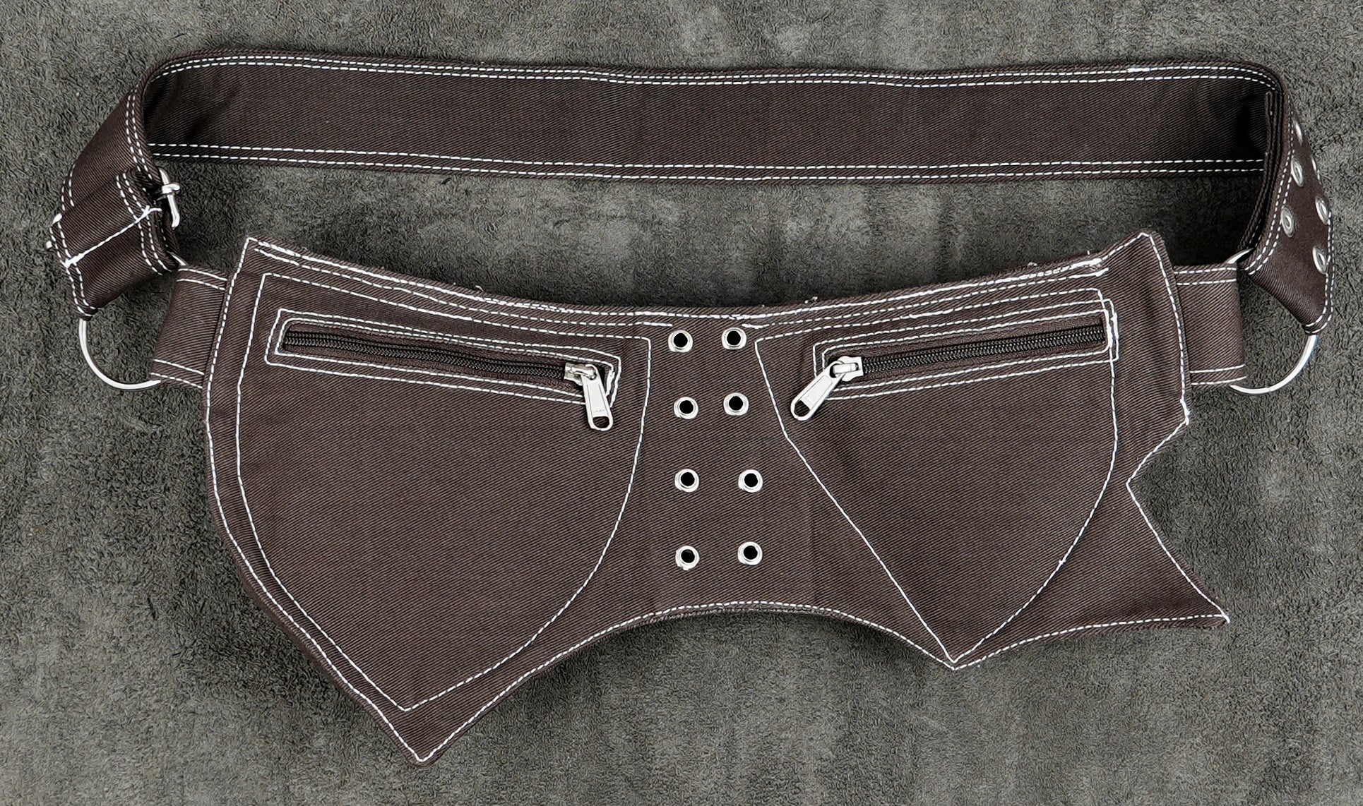 Brown cotton utility hip bag with contrast white stitching
