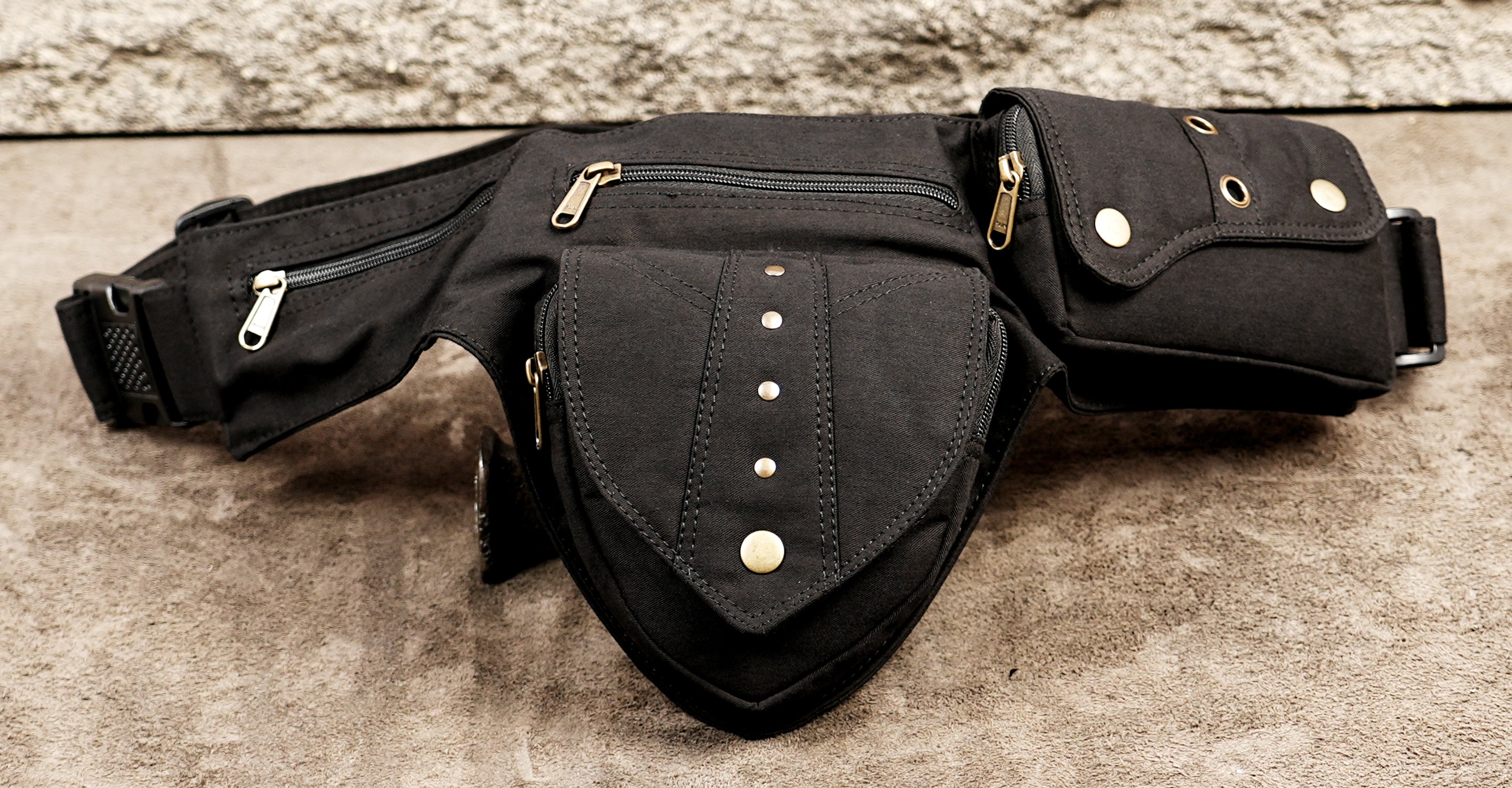 Handcrafted black cotton utility pouch belt with brass hardware