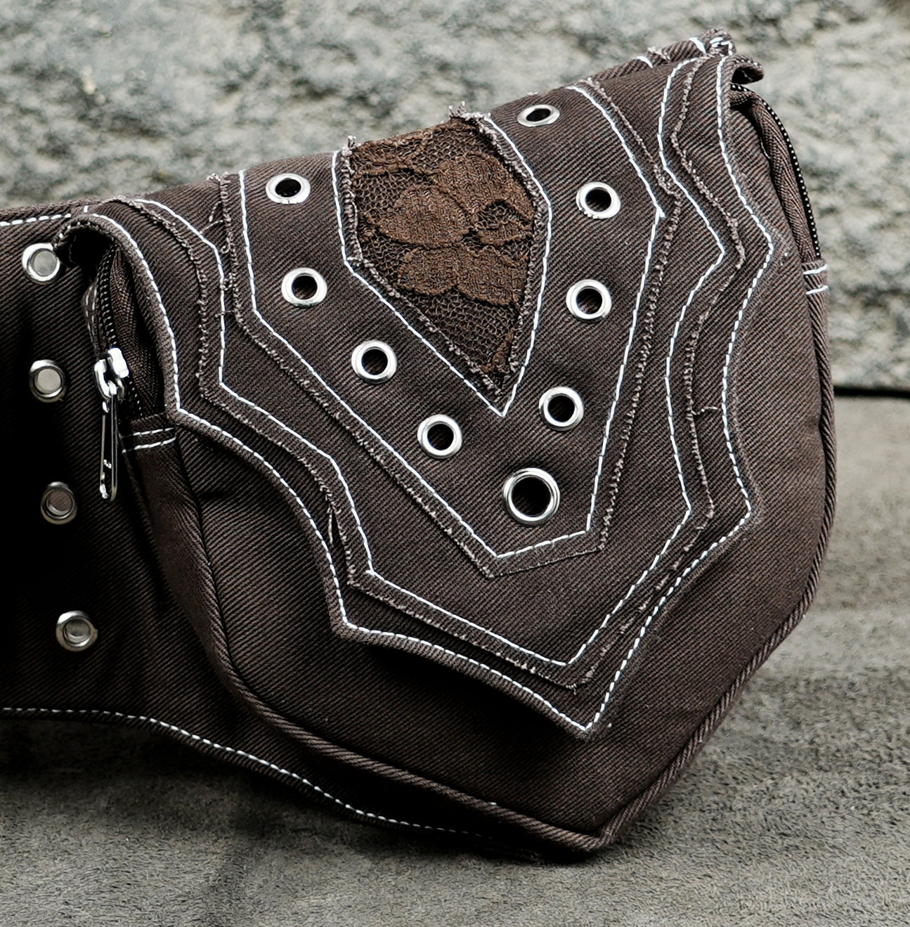 Gypsy boho brown cotton belt bag with lace and stud accents