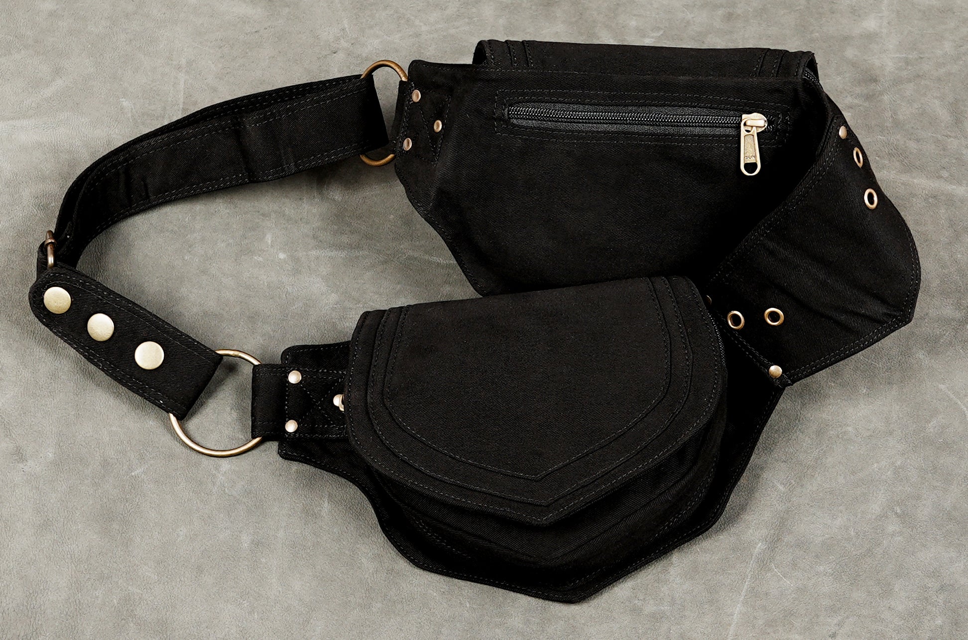 Black cotton fanny pack belt with two side pouches