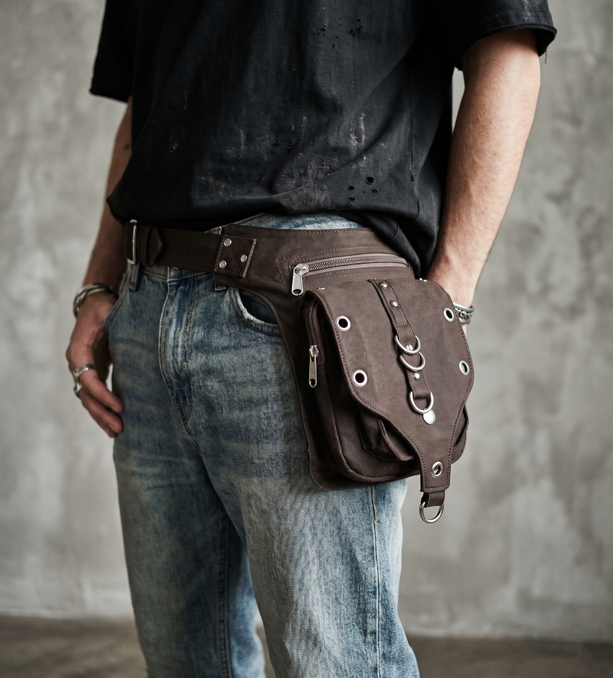 Alternative fashion cotton waist bag with studs