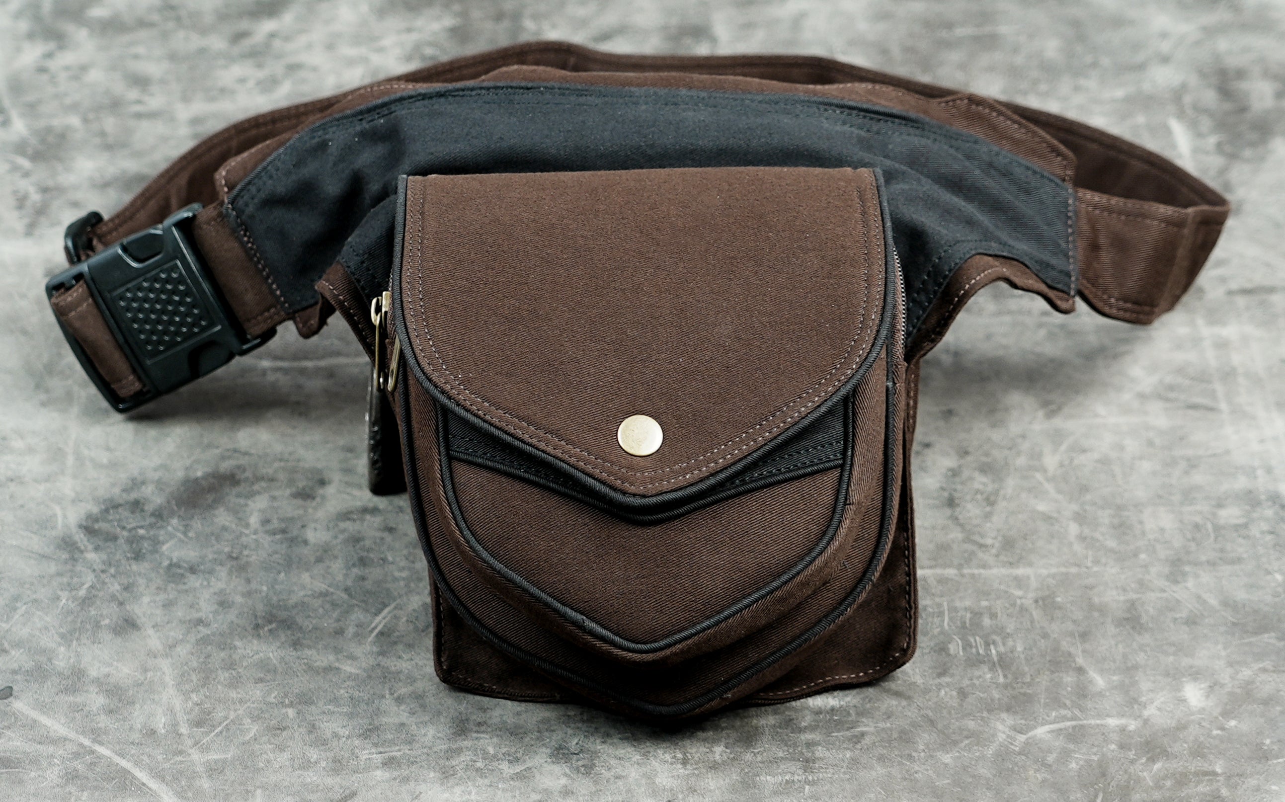 Hippie style brown cotton waist bag with chevron shaped front pockets