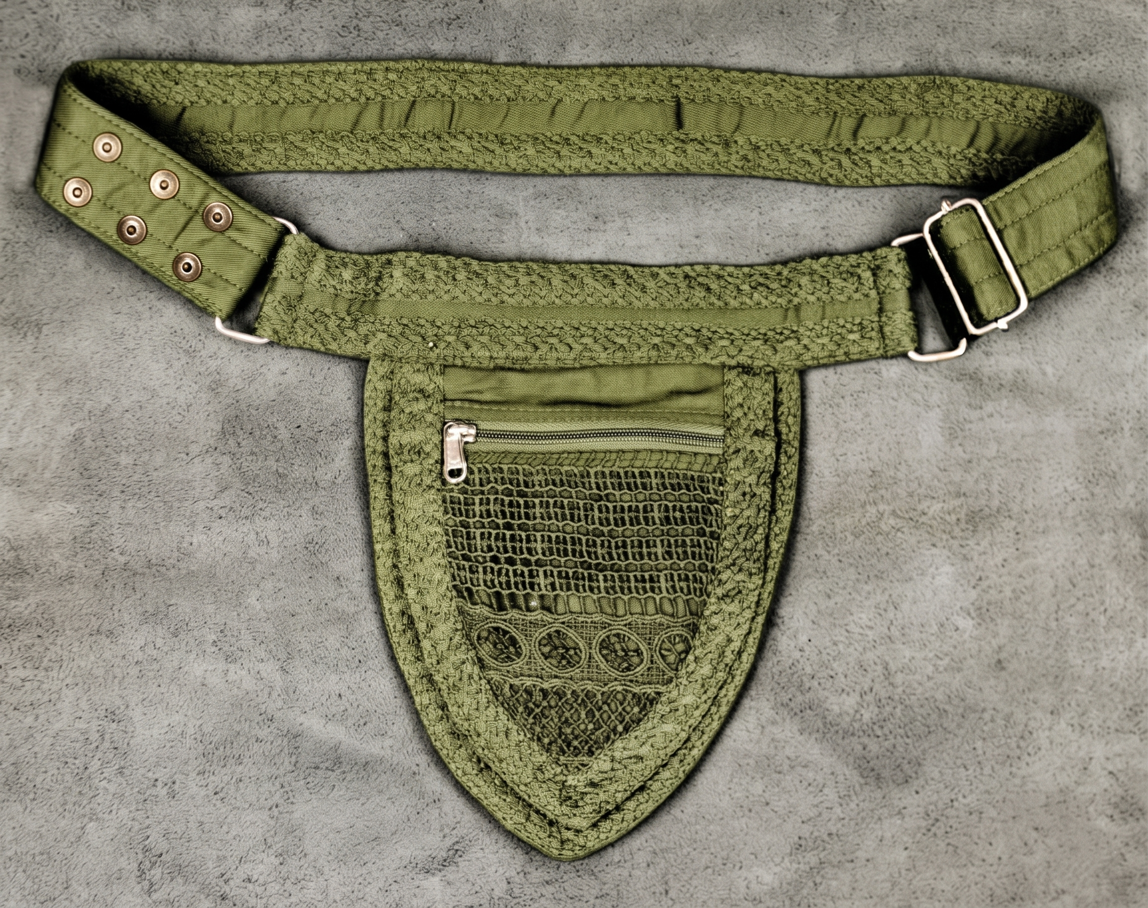 Festival cotton waist pouch with crochet strap and zipper pocket