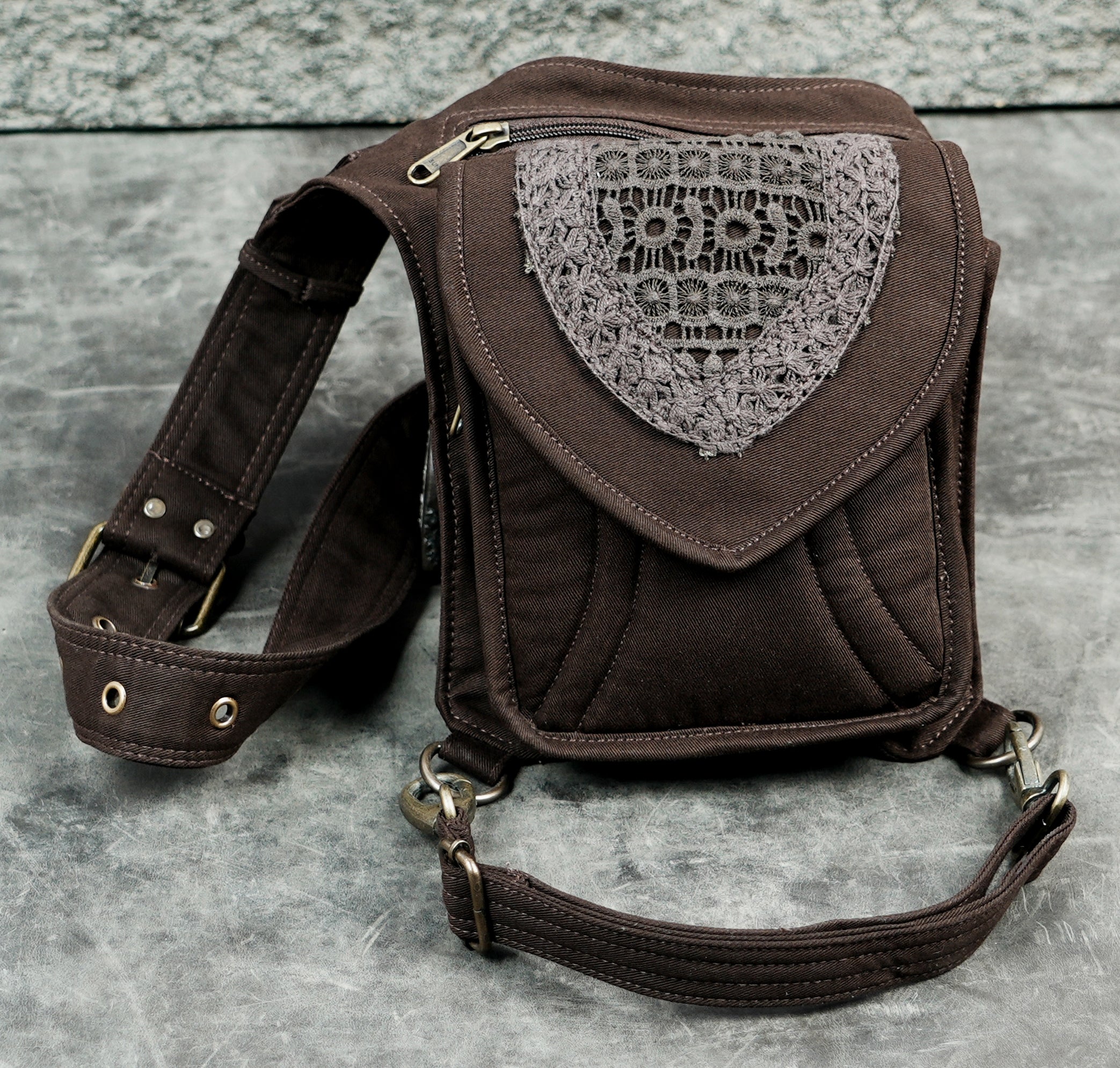 Brown boho belt pouch with multiple zipper compartments