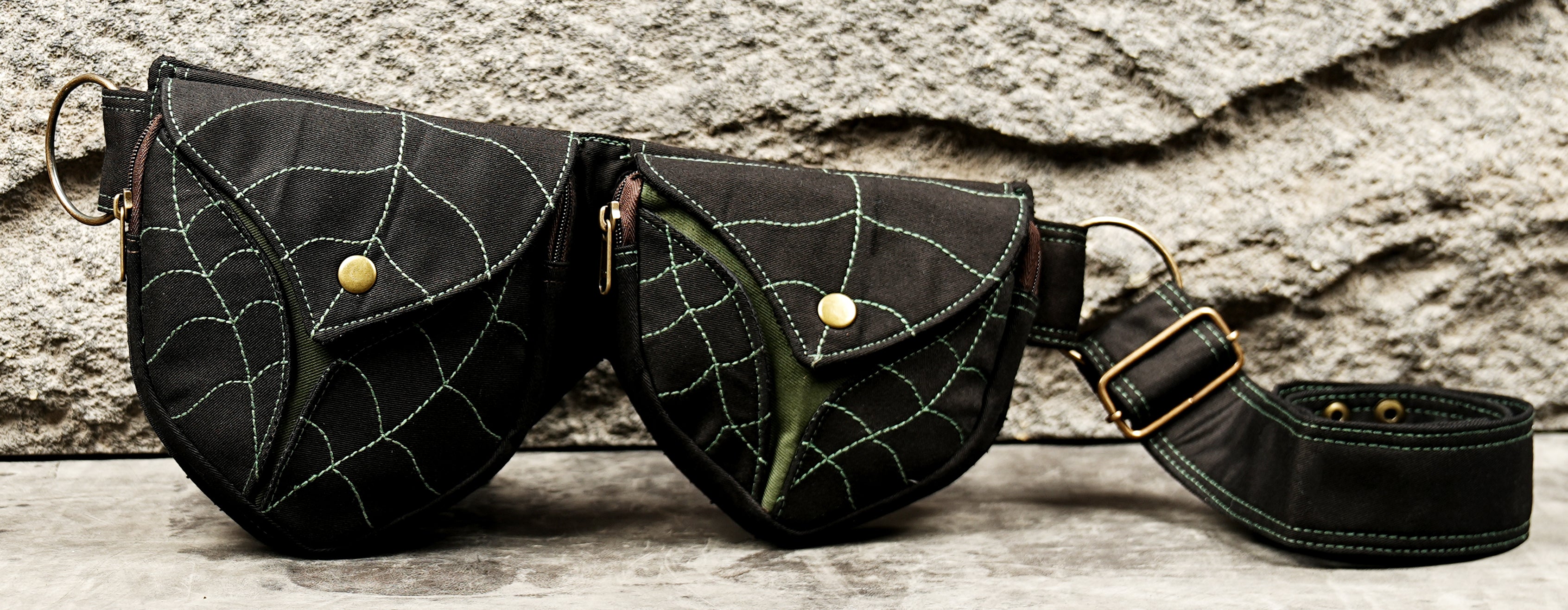Goa trance festival belt in black cotton with green thread leaf design and brass fittings