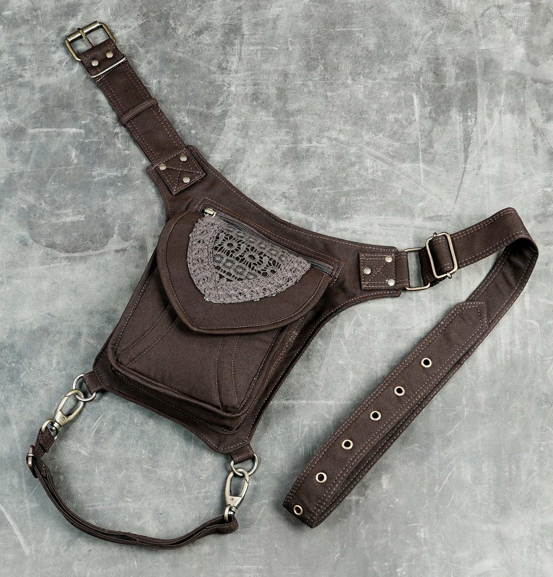 Brown cotton festival pouch worn around waist or thigh