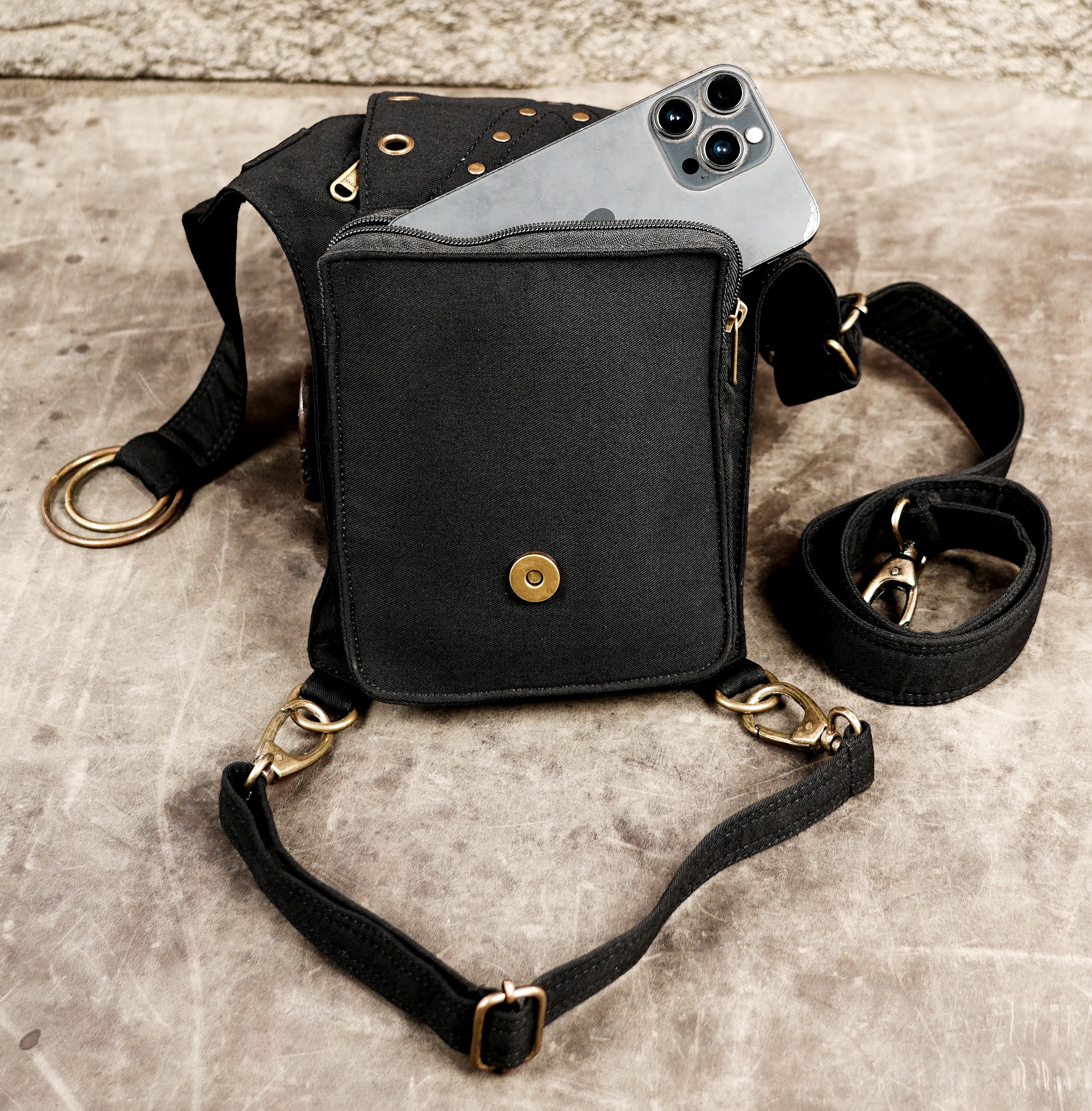 Black cotton steampunk hip pouch with brass hardware and buckle