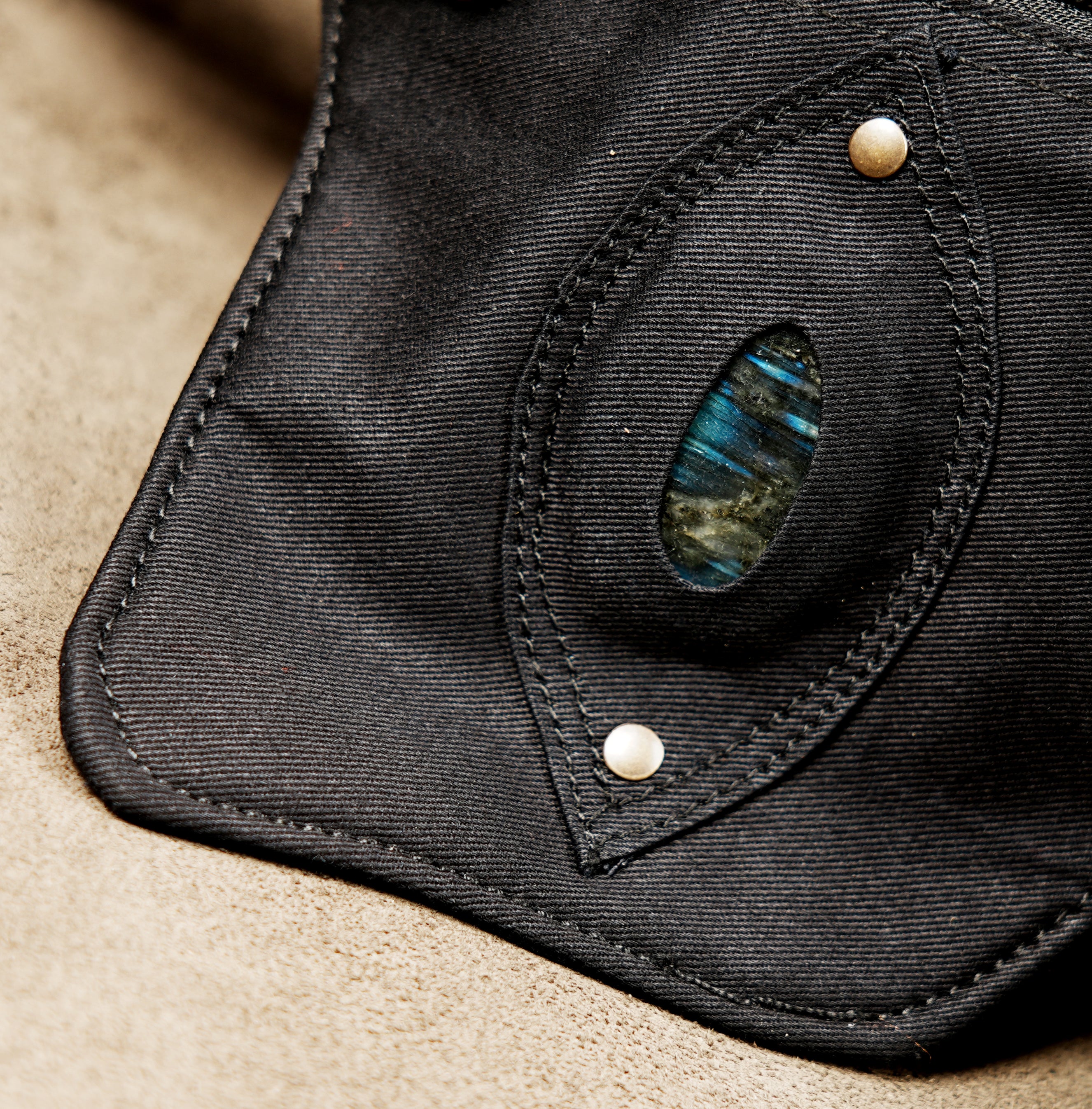 Handmade black cotton pocket belt with labradorite stone and adjustable brass buckle