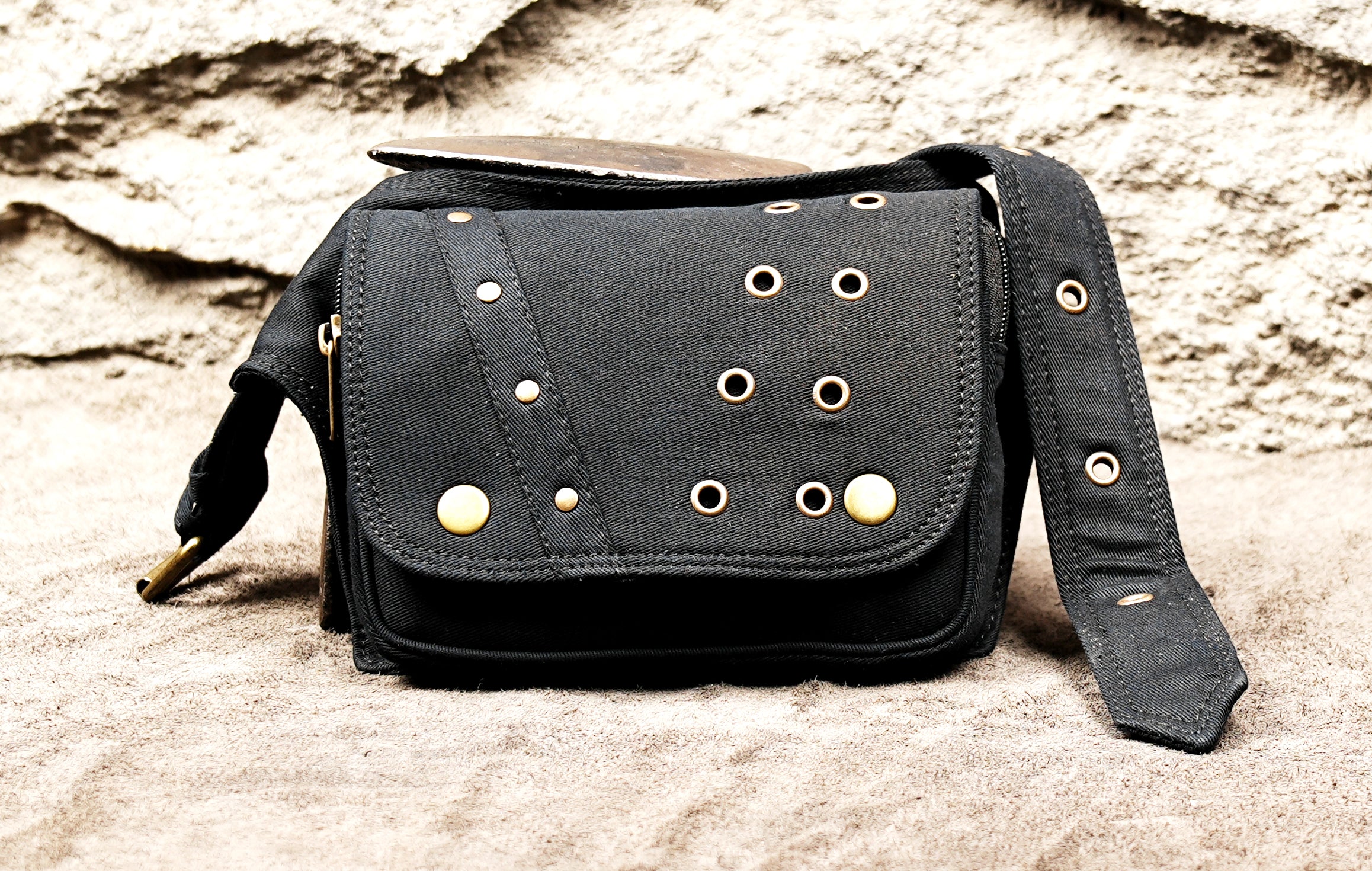Handmade black cotton fanny pack with adjustable strap and metal buckle