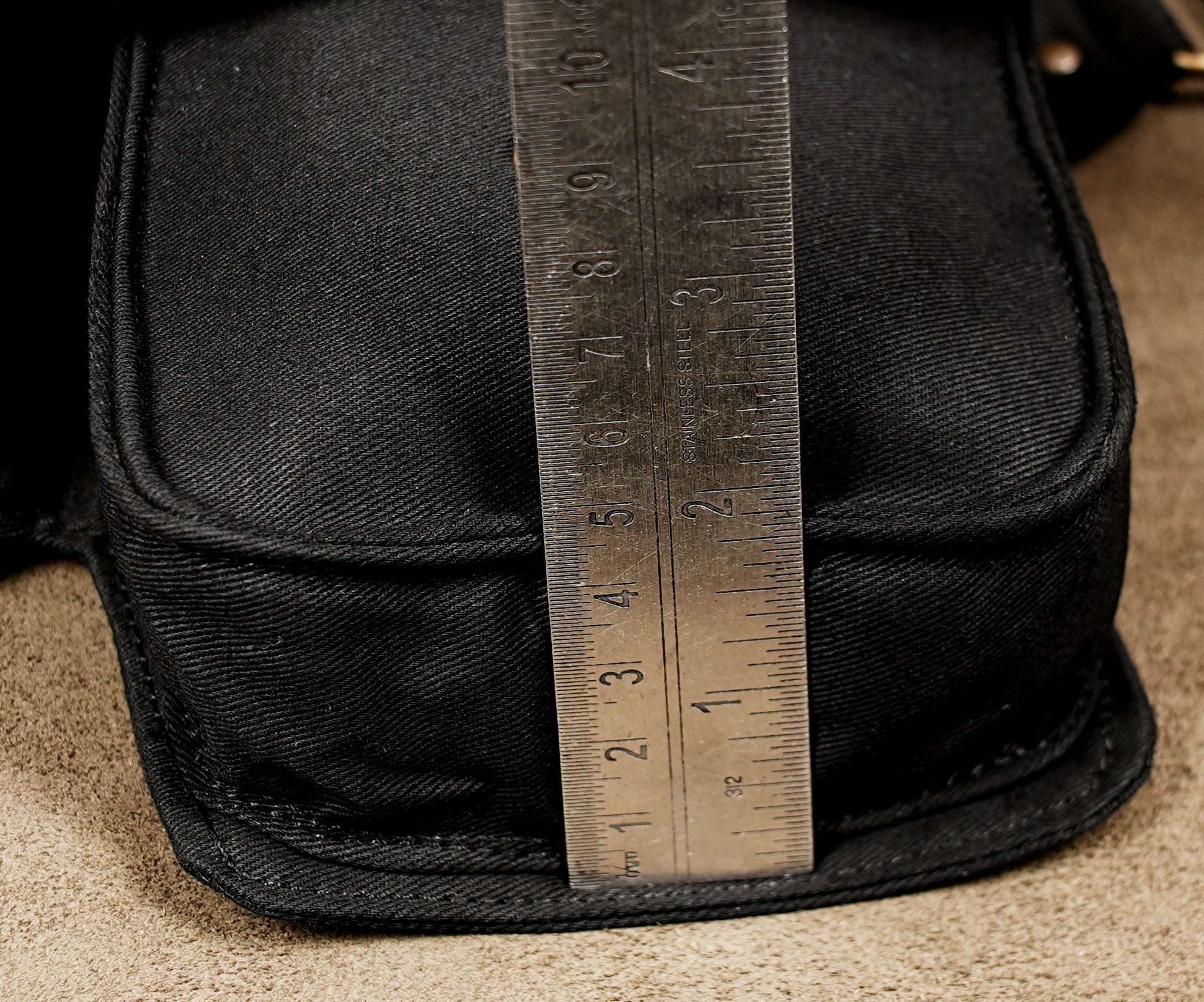 Handcrafted black cotton hip belt with leaf flap pockets and stone detail