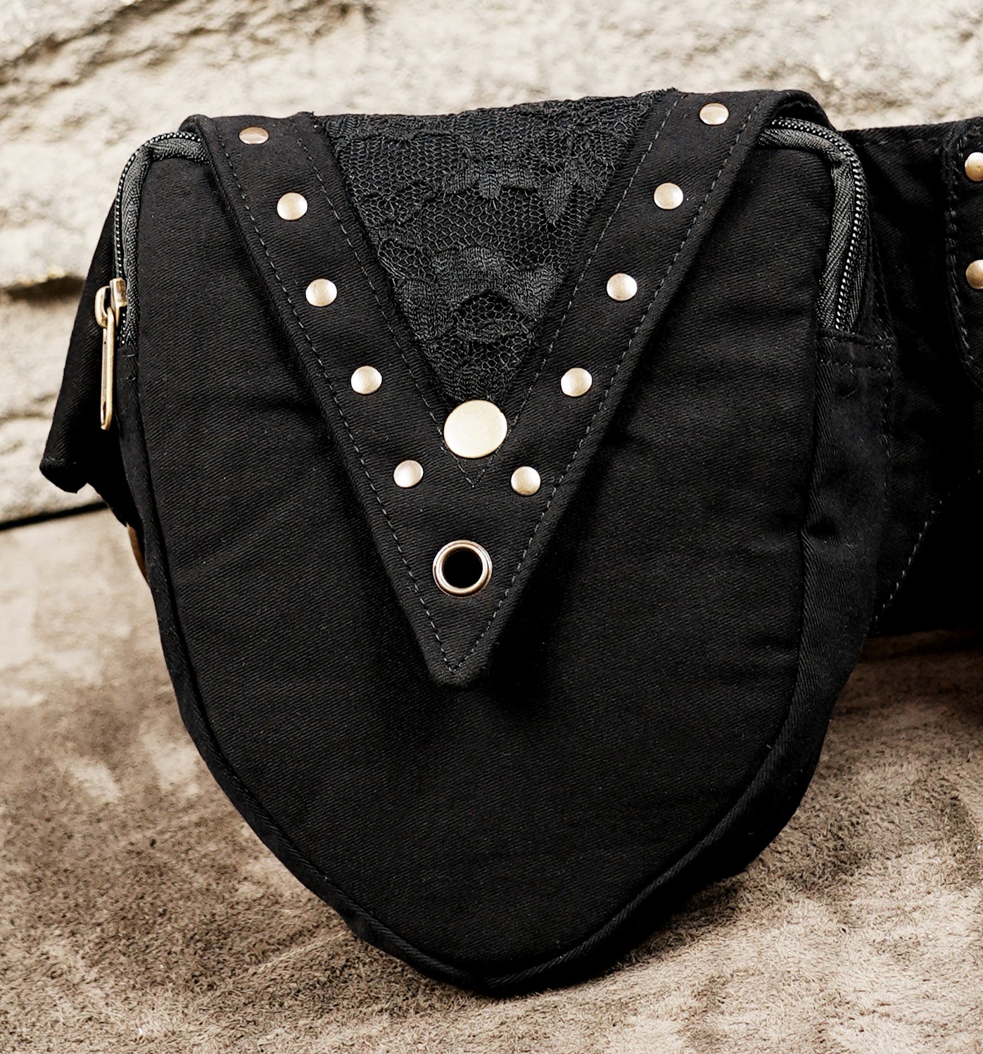 Black hip pouch belt with embroidered flap and gold studs